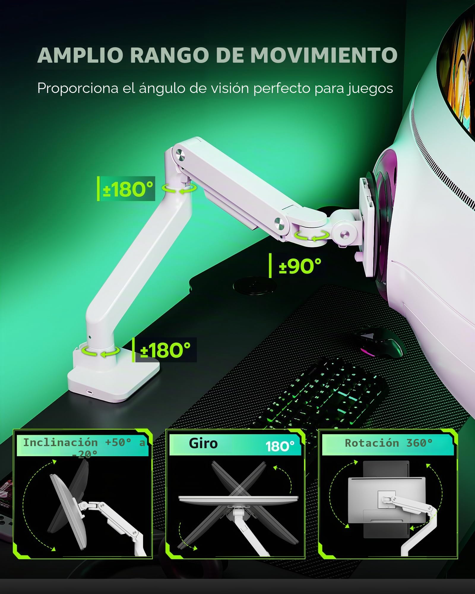ARES WING Brazo Monitor Soporte Monitor 17-49" hasta 20kg con USB Blanco | Brazo para Monitor Plano y Curvo Ergonómico, Resorte de Gas, VESA 75/100 mm, Altura Ajustable, Giro 360°, Inclinación ±20°