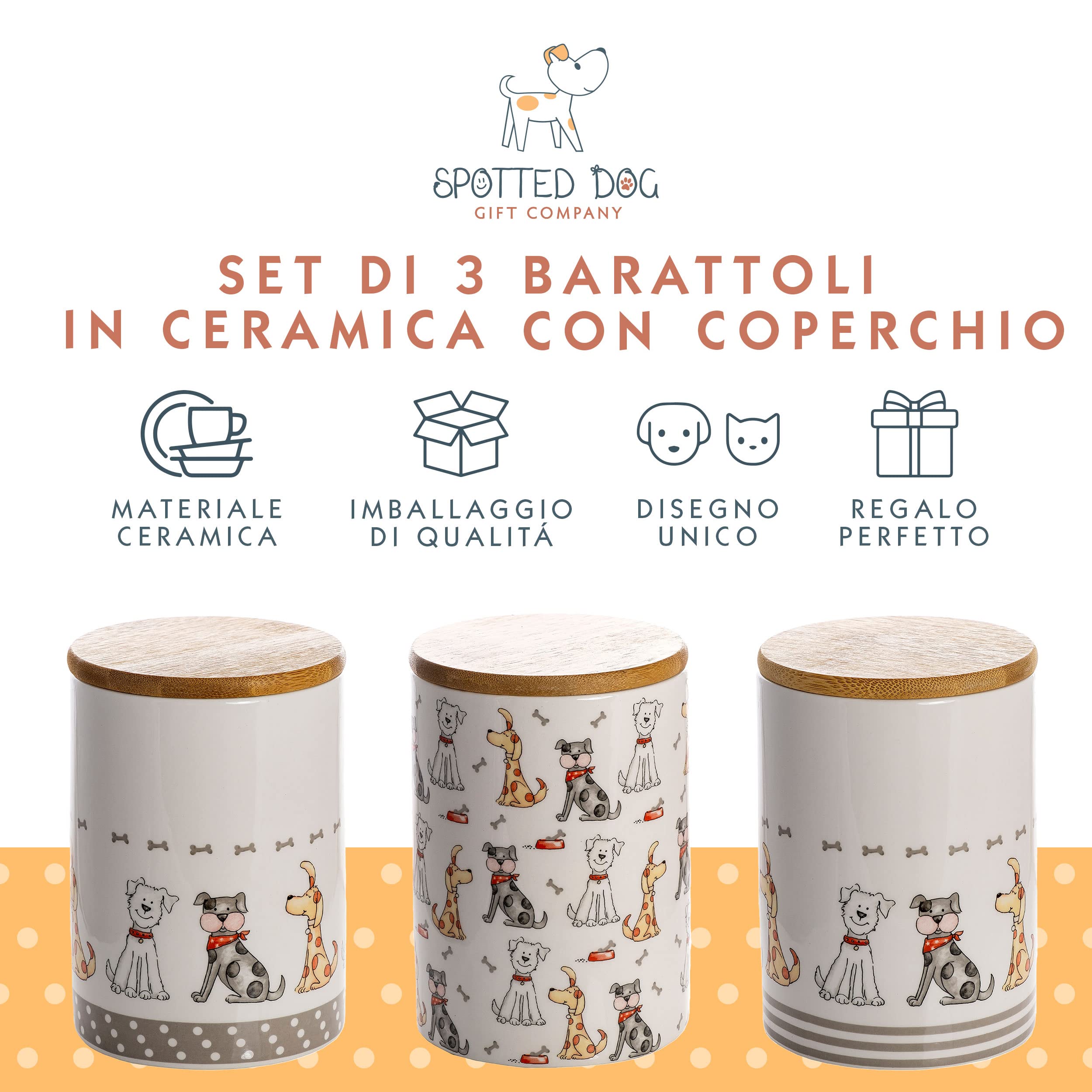 SPOTTED DOG GIFT COMPANY - set di 3 barattoli da cucina a tema cani - per sale, zucchero, caffè - idee regalo - in ceramica con coperchio in legno - bianco