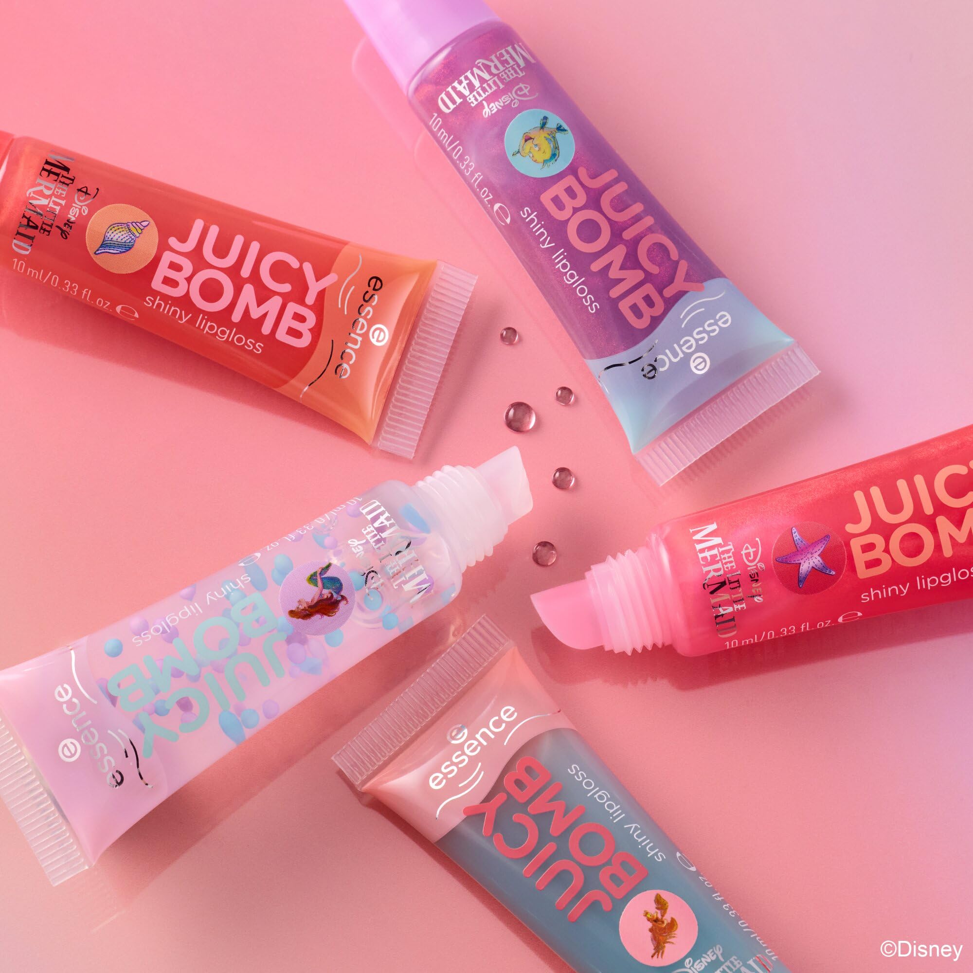 essence Disney THE LITTLE MERMAID JUICY BOMB shiny lipgloss crew, Mehrfarbig, Expressergebnis, glänzend, schimmernd, vegan, ohne Parabene, ohne Mikroplastikpartikel, Nanopartikel frei, 1er Pack (10ml) - 3