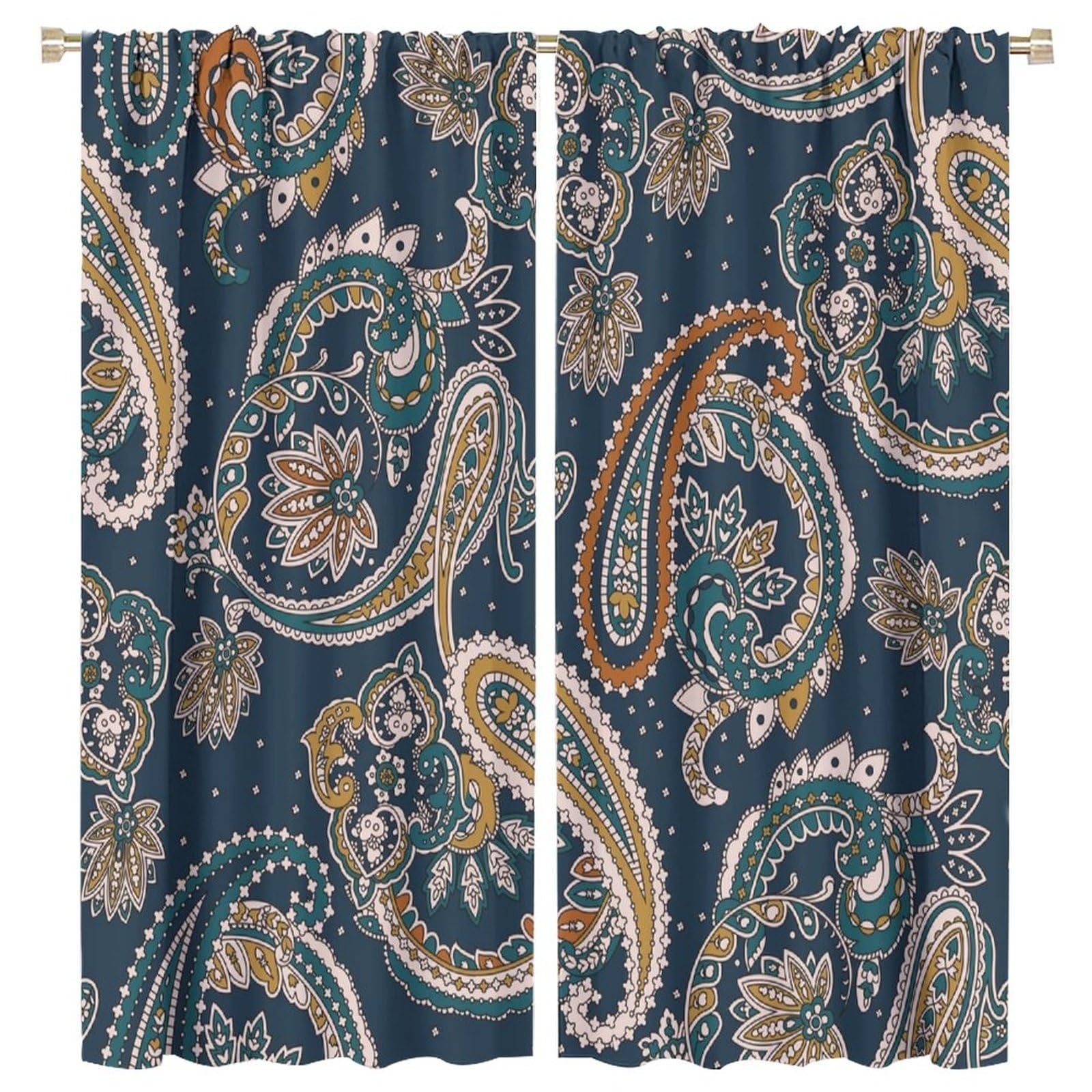 BenYaSong Paisley Flower Blackout Window Curtains,Traditional Indian Paisley Pattern Style Print for Living Room Bedroom Window Drapes Window Curtain 2 Panels 63x72in