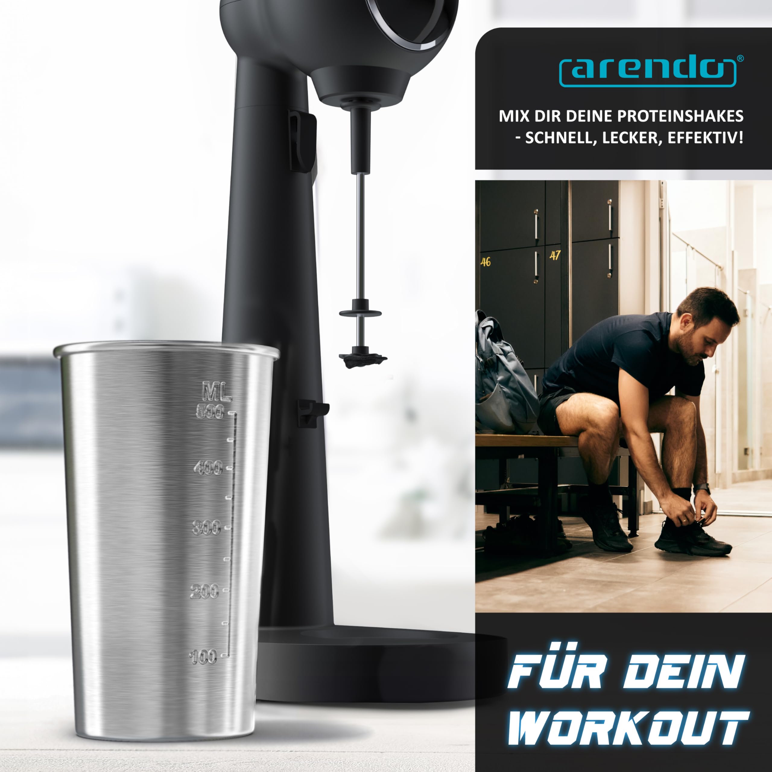 Arendo - Drink Mixer - Eiweiß Shaker - Getränkemixer - elektrischer Standmixer - 500 ml Becher - 22.000 U min - 2 Geschwindigkeitsstufen - Fitness Protein Drinks Smoothies Milchshakes Cocktails