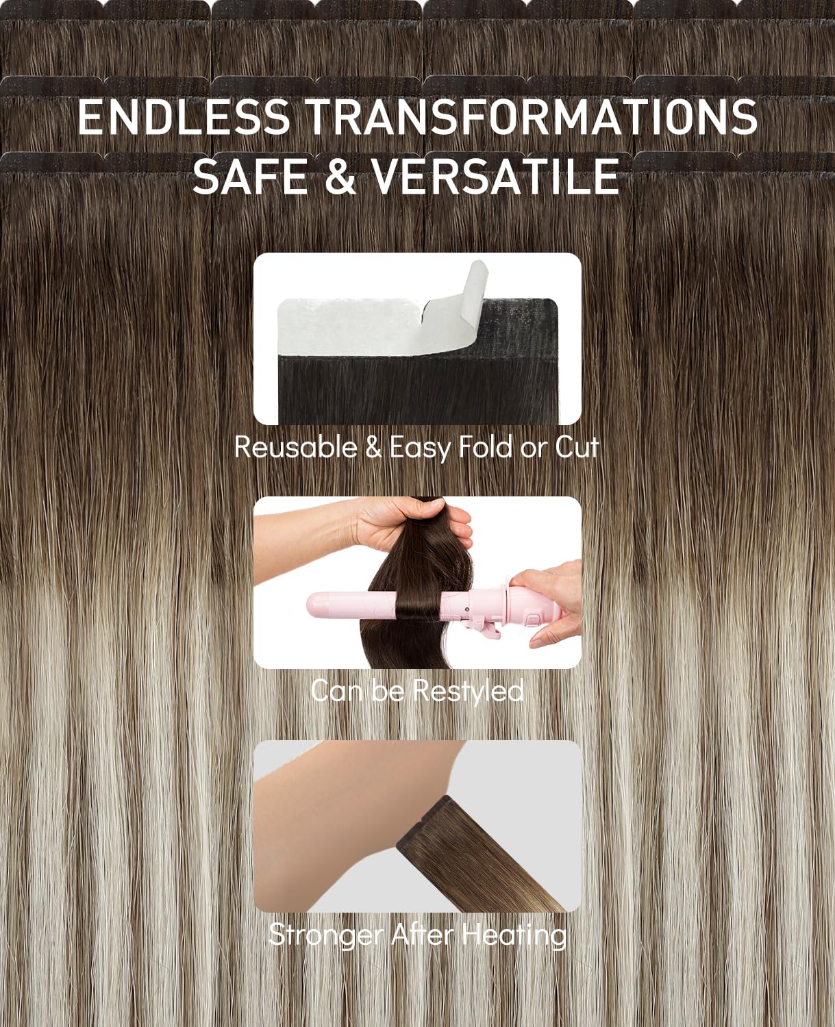 VINBAO Invisible Tape Extensions Echthaar Blond Ombré Dunkelbraun bis Hellbraun mit Dunkelblond Klebe Extensions Echthaar 20pcs 50g 55cm Seamless Tape in 22 Zoll #3/8/22