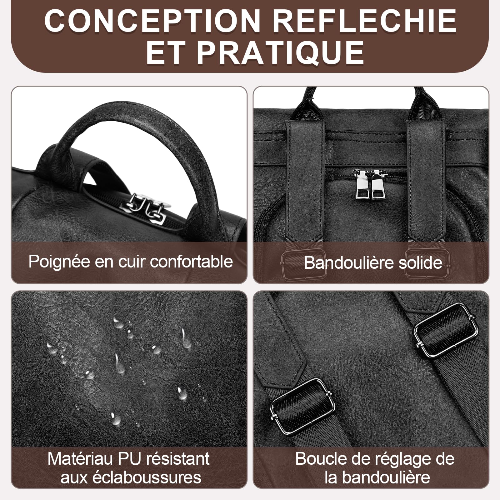 Eshow Petit Sac a Dos Femme Antivol, Sacs à Main Portés Dos Elégant Léger Imperméable PU Cuir, Sacoche Bandoulière avec Étui anti RFID & Pochette pour Voyage Travail Loisirs Université Noir
