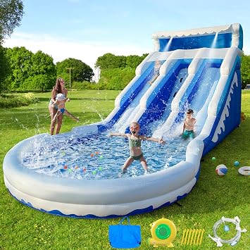 Cessbong Inflatable Water Slide for Kids with Pool-with Air Blower, 20.6x9.5x9.3FT Grade Oxford, Outdoor Backyard Summer Splash Refreshing Blue Waves, Grade Oxford