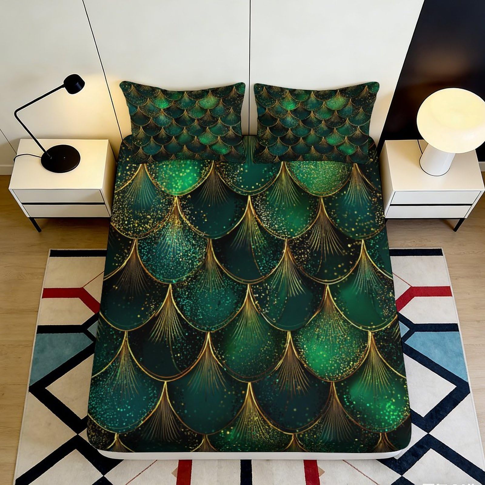 Pnayamiorkfel Style-1 3D Printed Emerald Scales Fitted Sheet Microfiber Soft Bed Cover Golden Fantasy Mattress Cover For Bedroom Guest Room 90X200x25cm