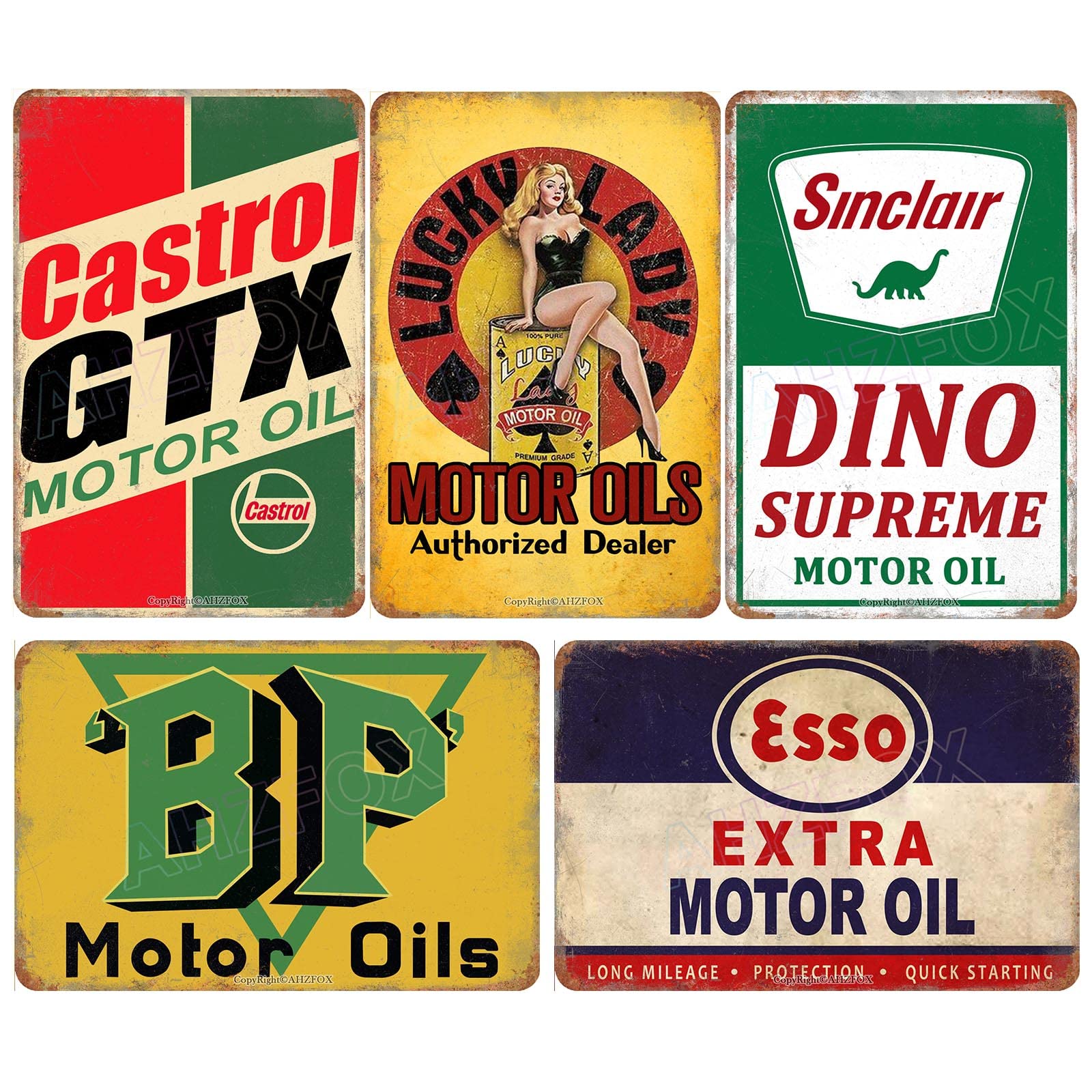 Poster Retrò Olio Benzina Per Garage - Set 5 Targhe Metallo 8x12 Pollici - Foto 11