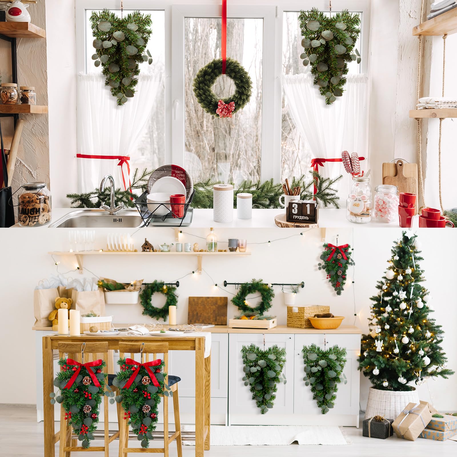 Zomiboo 8 guirnaldas de Navidad con eucalipto mixto de pino artificial, guirnalda de corona de Navidad, ramas de cedro, agujas de lágrima, para invierno para manto de Navidad