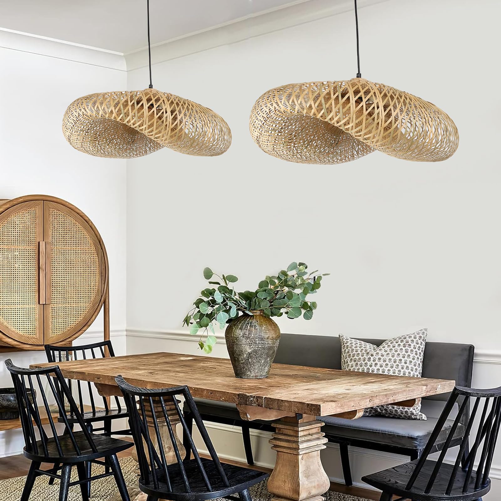 Alpinaluz Lámpara Colgante de Mimbre Natural ø600 mm - Diseño Artesanal con Pantalla Tejida a Mano, Portalámpara E27 de Madera y Cable Negro, para Salón, Comedor y Dormitorio