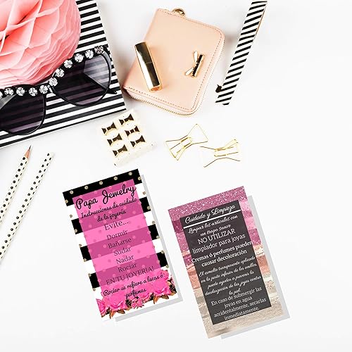 Miniatura 6 de Tarjetas españolas de limpieza y cuidado de joyas Paquete de 50 Instrucciones de cuidado de Jewelry Bling Queen en español Rayas con diseño floral