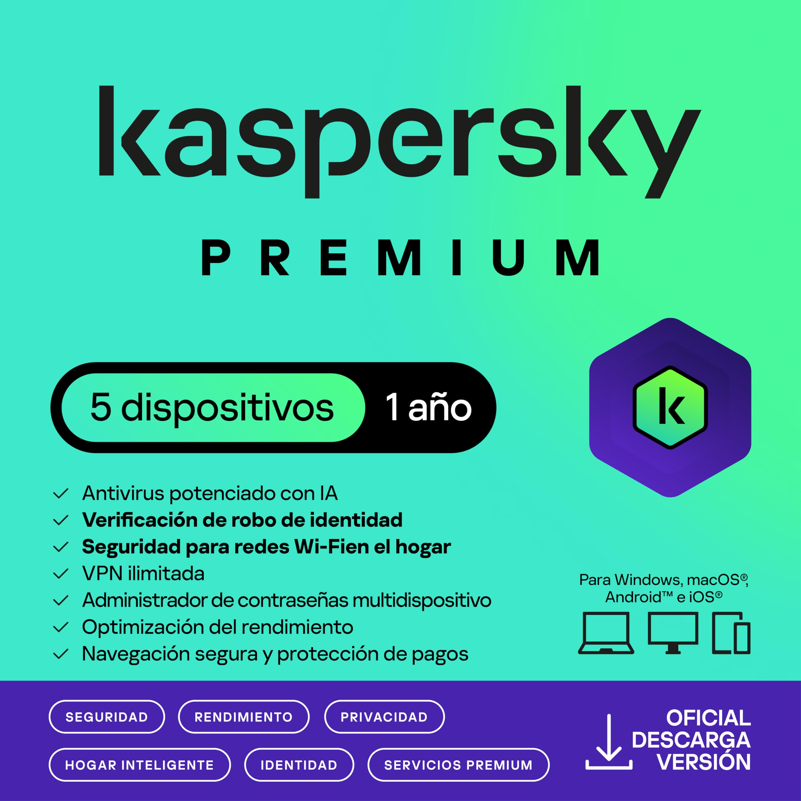 Kaspersky Premium Total Security 2026 | 5 Dispositivos | 1 año | Anti-Phishing y Firewall | VPN ilimitada | Gestor de contraseñas | Control parental | Soporte 24/7 | PC/Mac/Móvil | Código por email