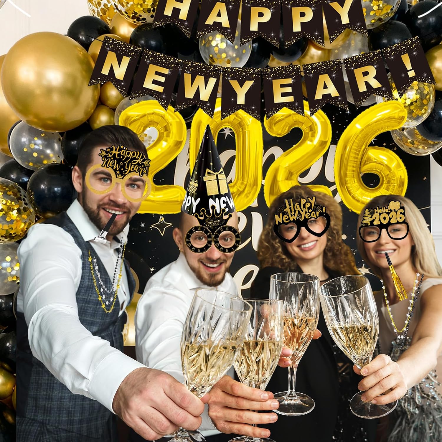 YQUQWN 67PCS New Years Decorations Kit 2026 New Years Foil Balloons Banner Hat Photo Props Necklace Glasses Gold Foil Curtains Accessories for 2026 Eve Party Decorations Supplies