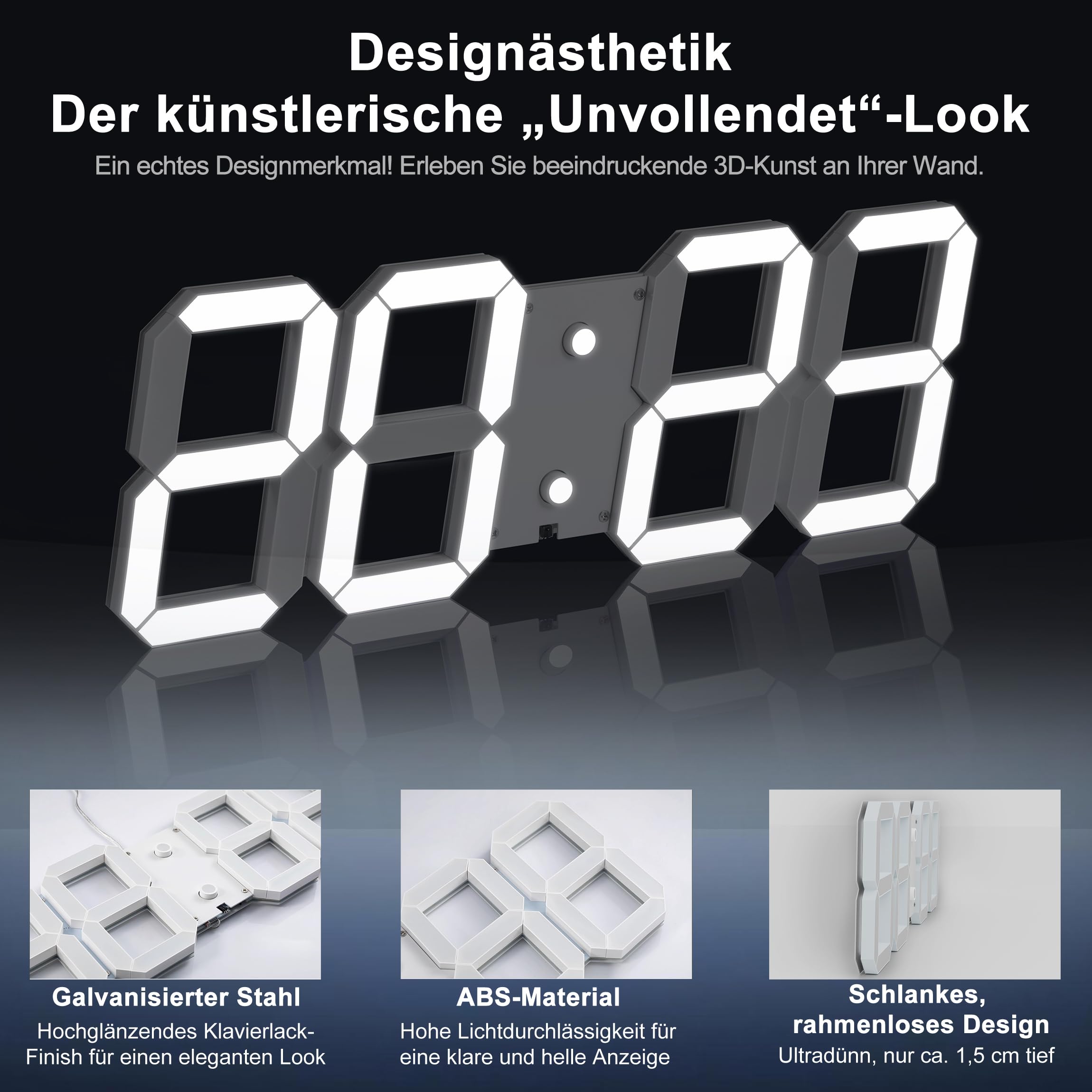 CHKOSDA Orologio da parete digitale a LED 3D, 44 cm, leggibilità fino a 50 m, bianco | cifre da 15 cm, telecomando, dimmer automatico, timer, alimentazione a rete per soggiorno, fitness, garage, ufficio, scuola.