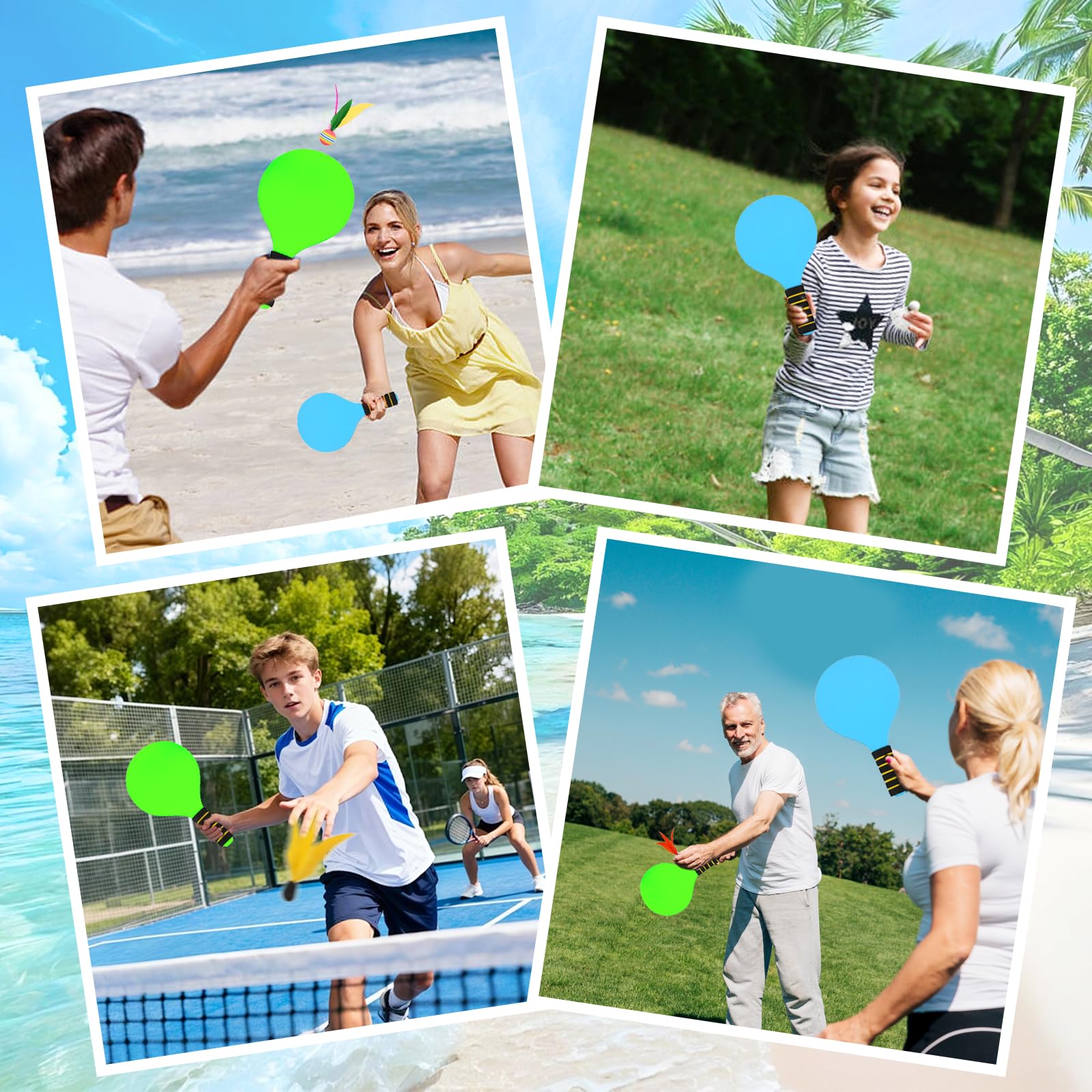 Beach Ball Spiel Set, Strandball Schlägerset für Kinder, Beachball Set with 2 Schläger 6 Federbälle 1 Tasche, Paddleball Spielset für Kinder&Familie für Garten Strand Party