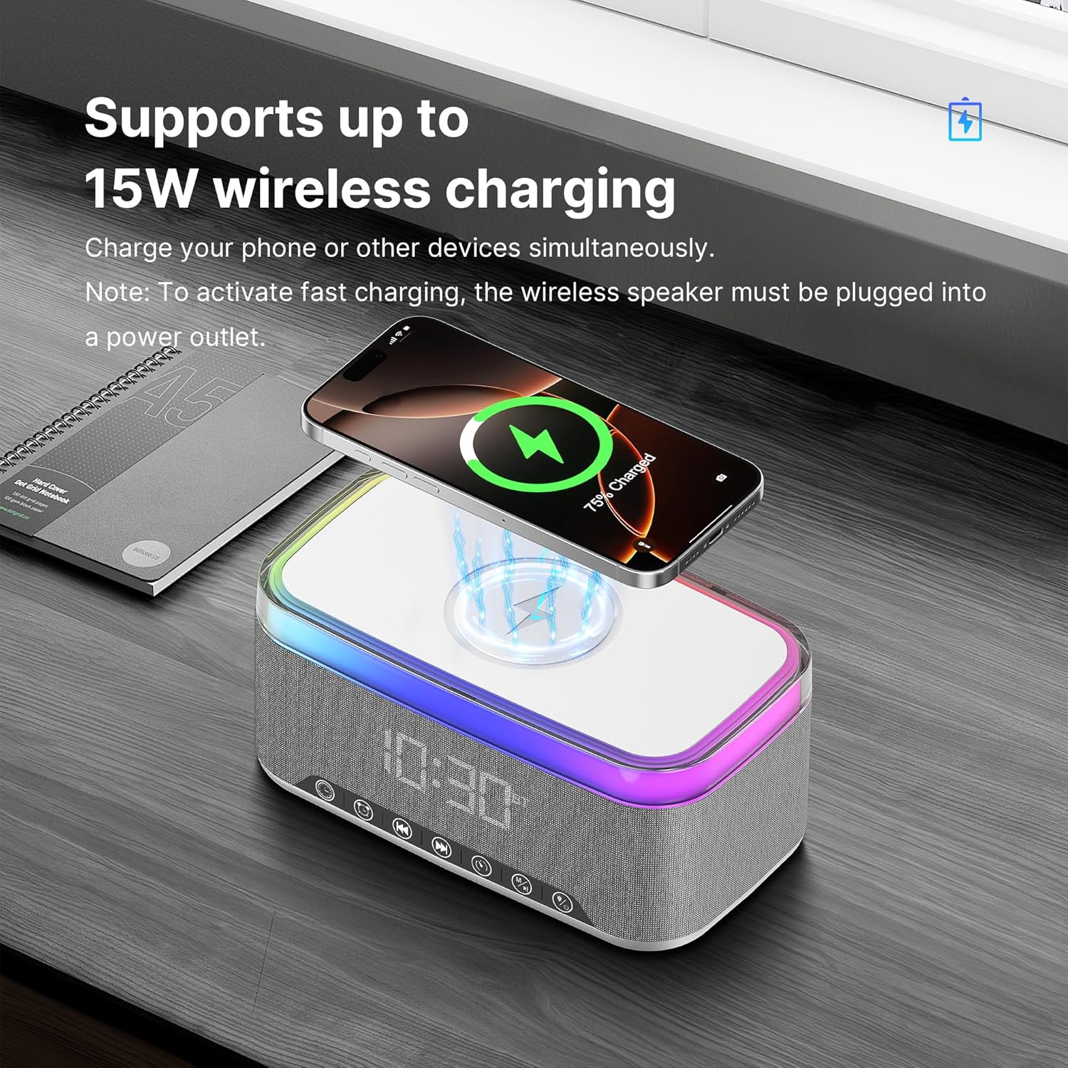 Auvoda S300 speaker wirelessly charging a smartphone on its top surface