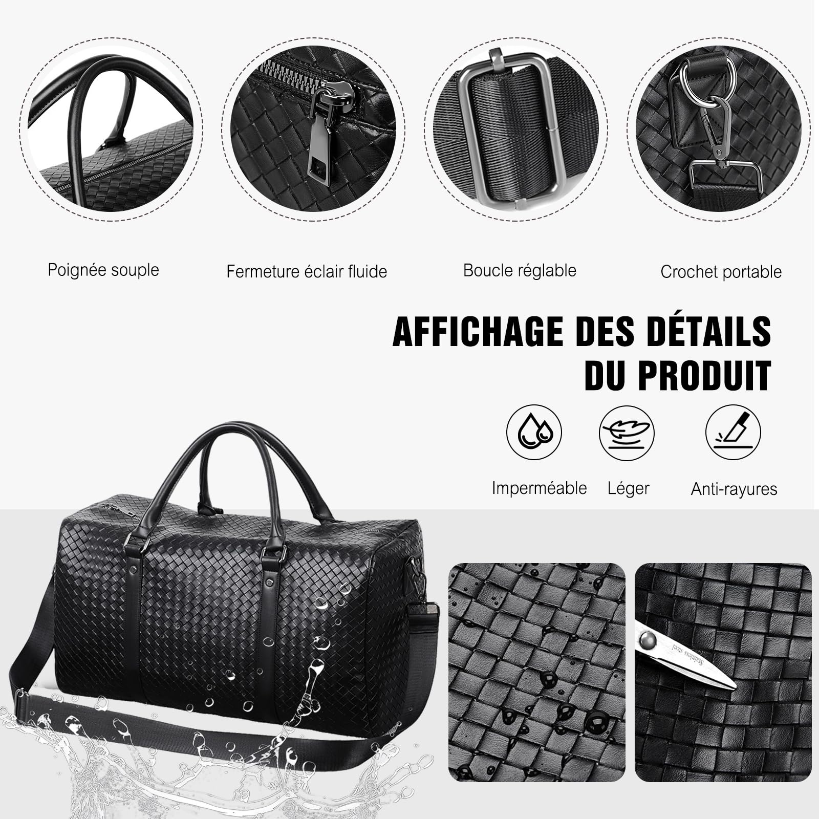 FANDARE Sac de Voyage pour Femme Homme Sac de Bagage à Main PU Cuir Tissé Sacs de Sport Grand Format Sacs bandoulière Weekend d'Hôpital Sport de Gym avec Compartiment Humide/Sec PU Cuir Marron