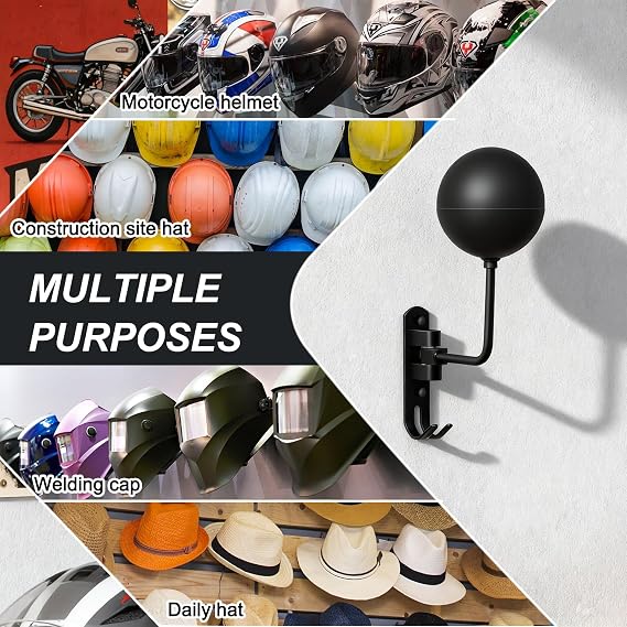 180° Motorcycle Helmet Rack Wall Mounted Rotatable Helmet Stand with 2 Hooks for Hard hat Handbag Coats Caps