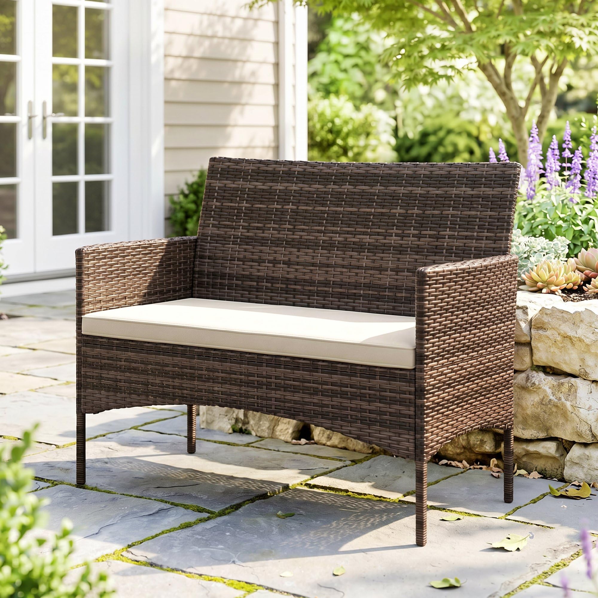 Outsunny Gartensofa 2-Sitzer Rattansofa mit Kissen Loungesofa, Wetterfest Couch für Garten Terrasse Balkon, Poly Rattan, Khaki