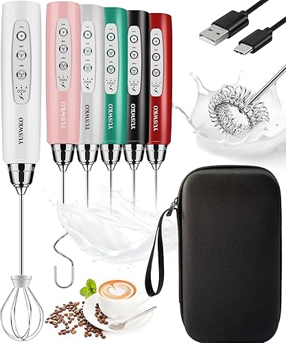 Miniatura 53 de YUSWKO Varita espumadora de leche de mano de oro rosa con soporte para café, batidor eléctrico recargable con 3 cabezales, mezclador de bebidas de 3