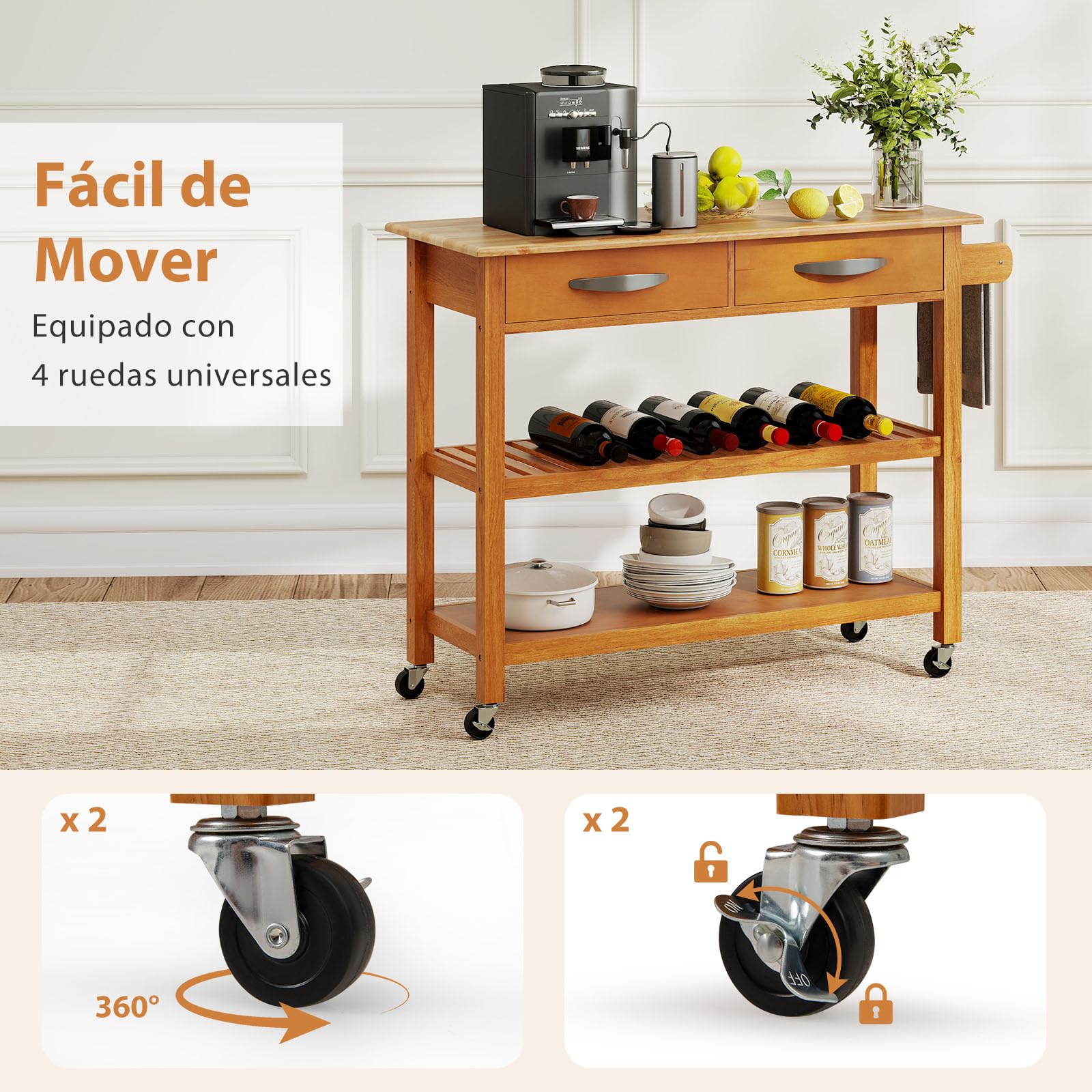 COSTWAY Isla de Cocina con Almacenamiento, Carrito Auxiliar de 3 Niveles con 4 Ruedas, con Encimera de Madera, 2 Cajones, 2 Estantes Abiertos y Asa Lateral, Carro de Servicio para Comedor (Natural)