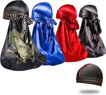 Silky Durag Mens 360 Wave Designer Durag Award Winning Wave Caps Set of 4 US Size Medium Color Black