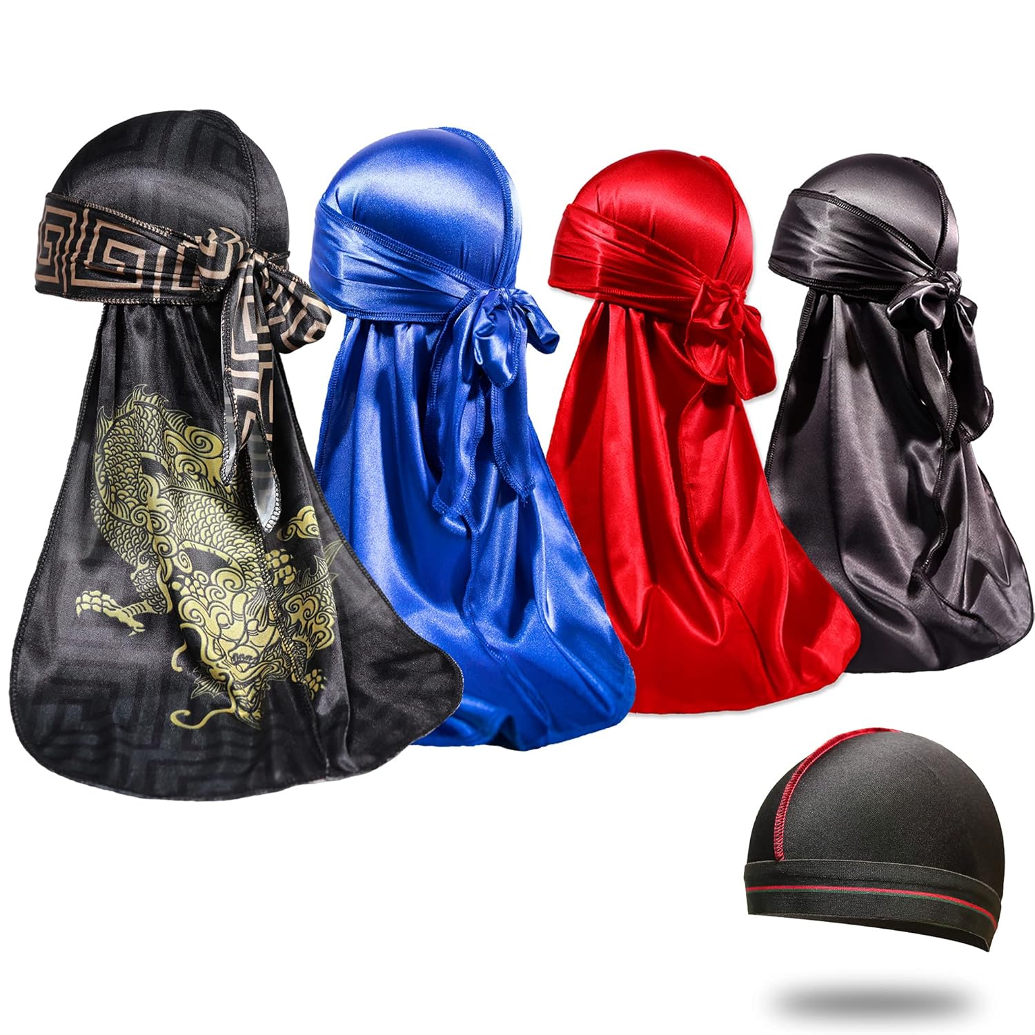 4PCS Silky Durags for Men 360 Waves Designer Do Rag 1 Wave Cap