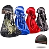 4PCS Silky Durags for Men 360 Waves, Designer Do Rag, 1 Wave Cap