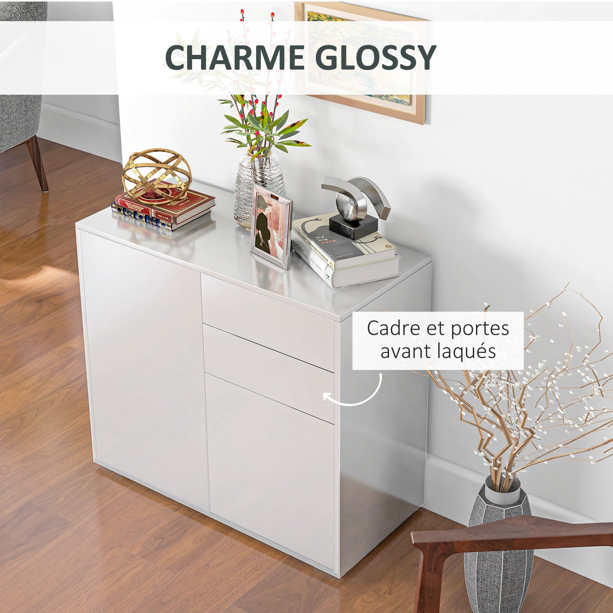 HOMCOM Meuble de Rangement Buffet Commode 79 x 36 x 74 cm Blanc Brillant | Armoire de Rangement, 2 Tiroirs, 2 Placards à Portes, Étagères Réglables, Salon, Chambre, Cuisine