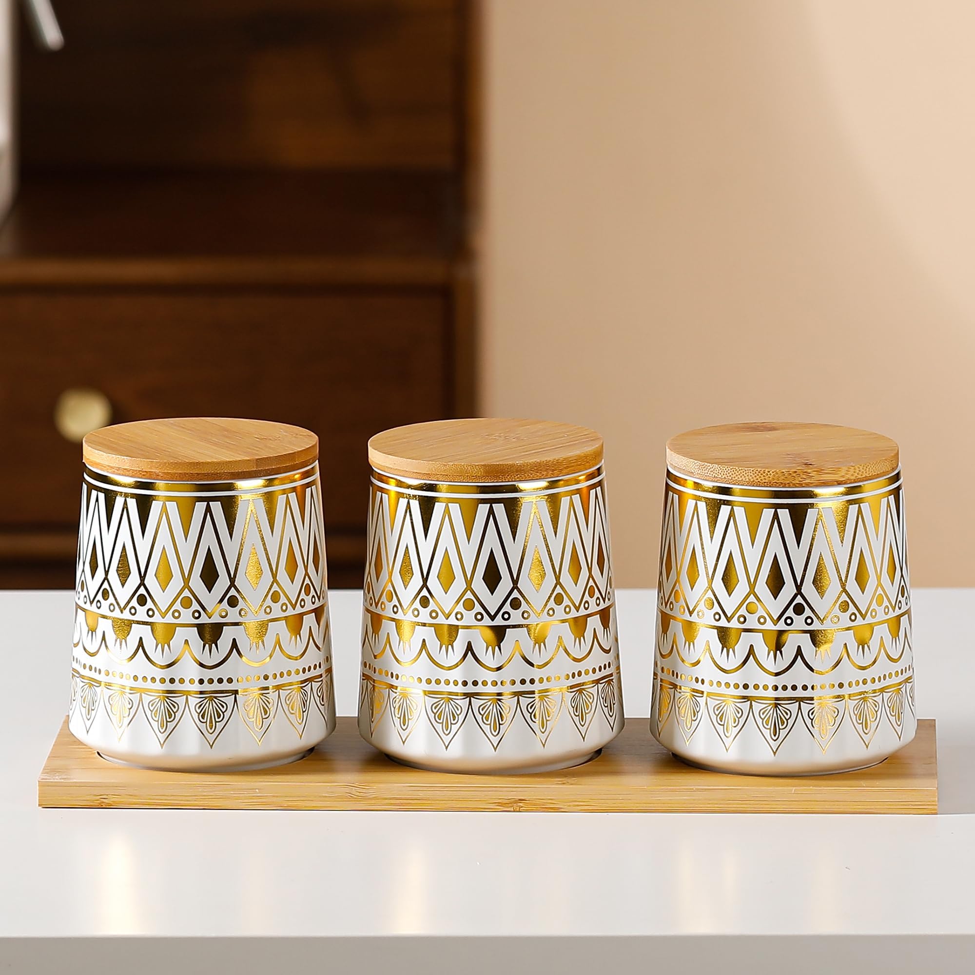 Kuber Industries Set of 3 (650ml) Airtight Ceramic Salt Jar Storage Set with Bamboo Wooden Lid & Tray For Kitchen Condiment | Chini Mitti Barni Pots Container for Spices | Multicolour-PLS3702-1