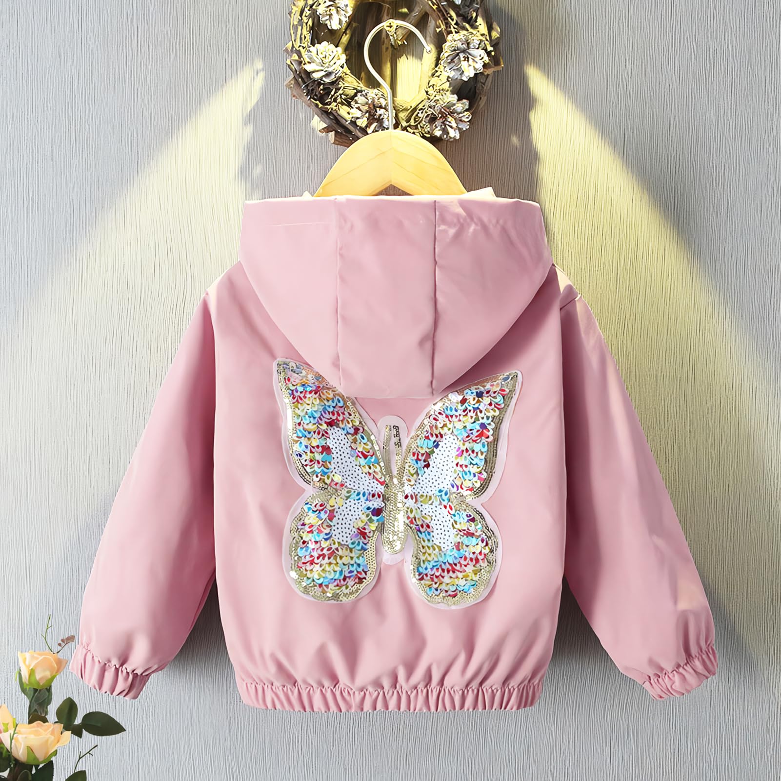 Enfant Fille Veste à Capuche Manteau Coupe-vent Blouson Trench-coat avec Papillon à Paillettes pour Printemps Automne