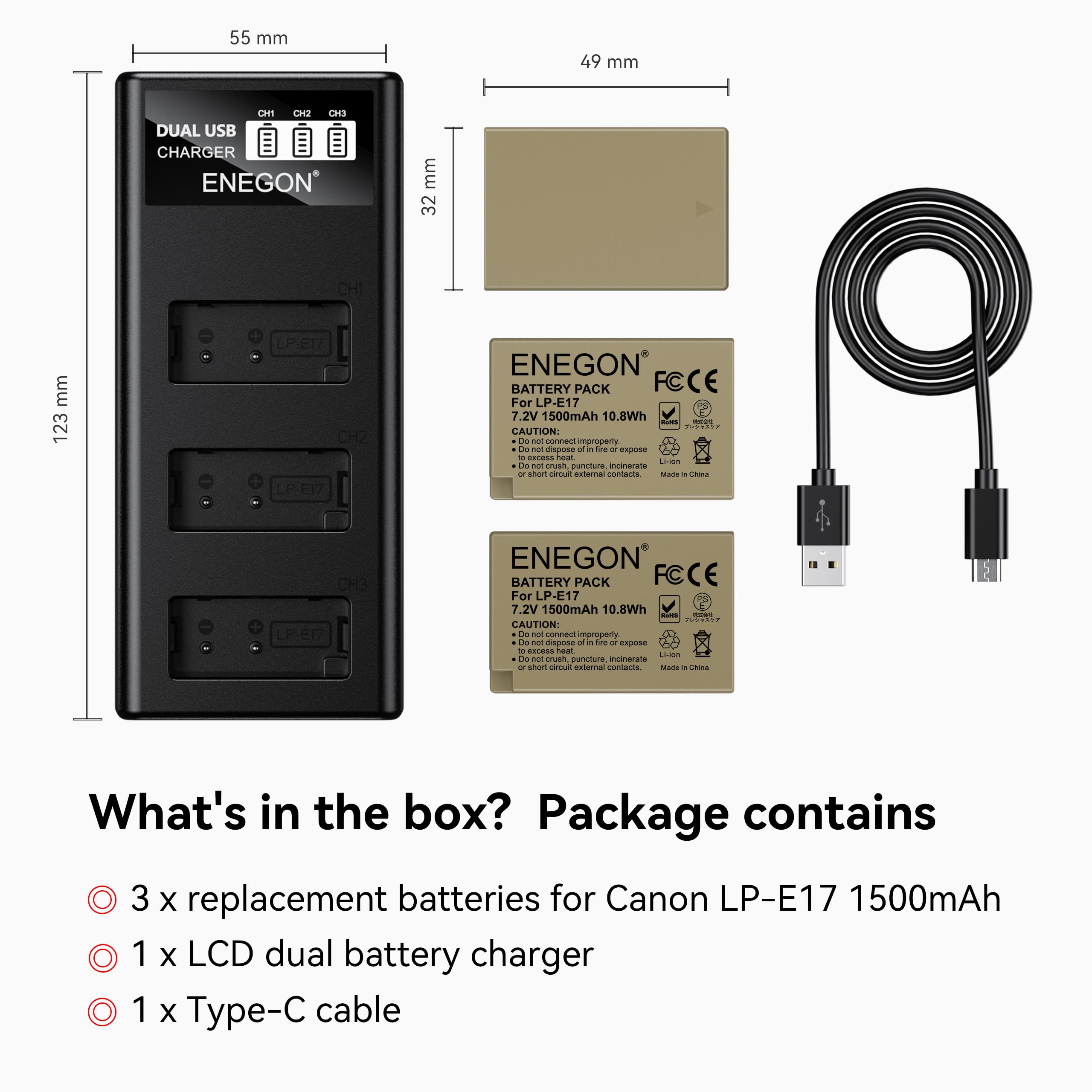 ENEGON 3-Pack LP-E17 1500mAh Batteries + Chargeur LCD à 3 Emplacements, Compatible avec Canon EOS R10, R8, RP, R50, R100, M3, M5, M6, EOS 200D, 250D, 750D, 760D, 800D, 850D, RP