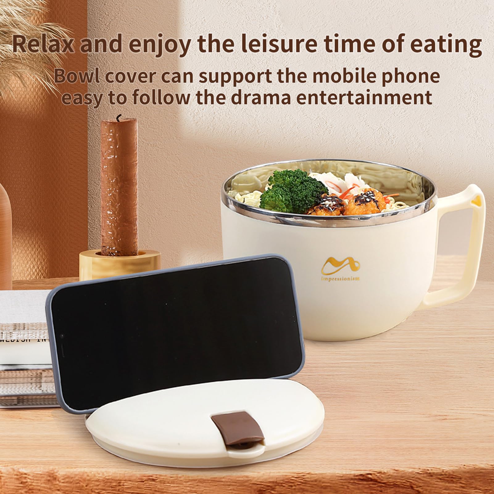 Instant Noodle Bowl - 1200ml Double-Insulated Stainless Steel Japanese Ramen Bowl with Lid and Handle, Brown, 1200 ML - Image 4