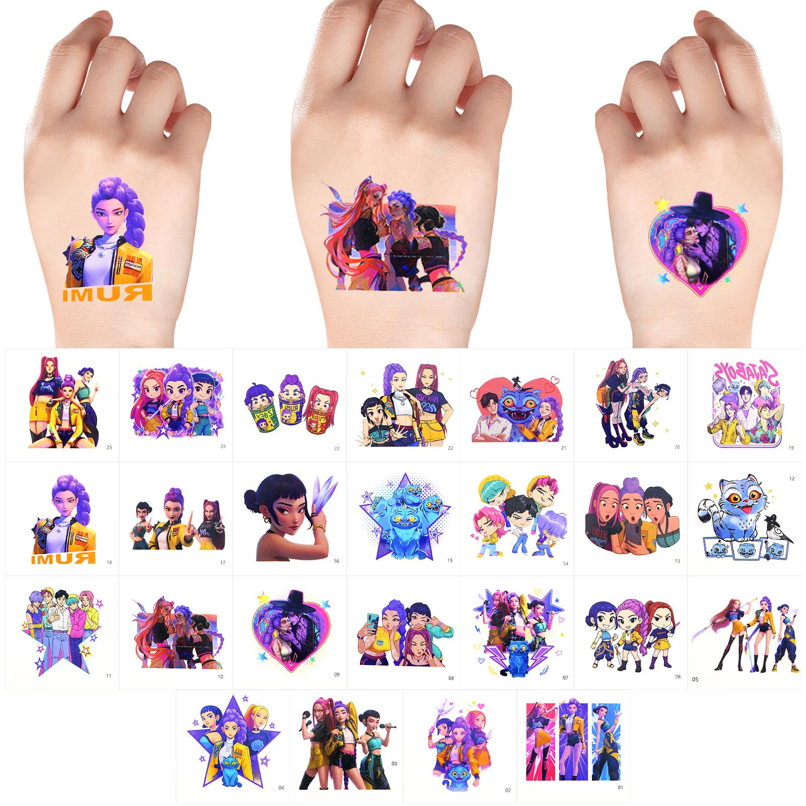 Tatouages Temporaires Kpop, Hunters Lot de 25 Feuilles de Tatouages Temporaires pour Enfant, Huntri Tatouages Cartoon Amovibles, Tattoos Temporaires Hunters - 2