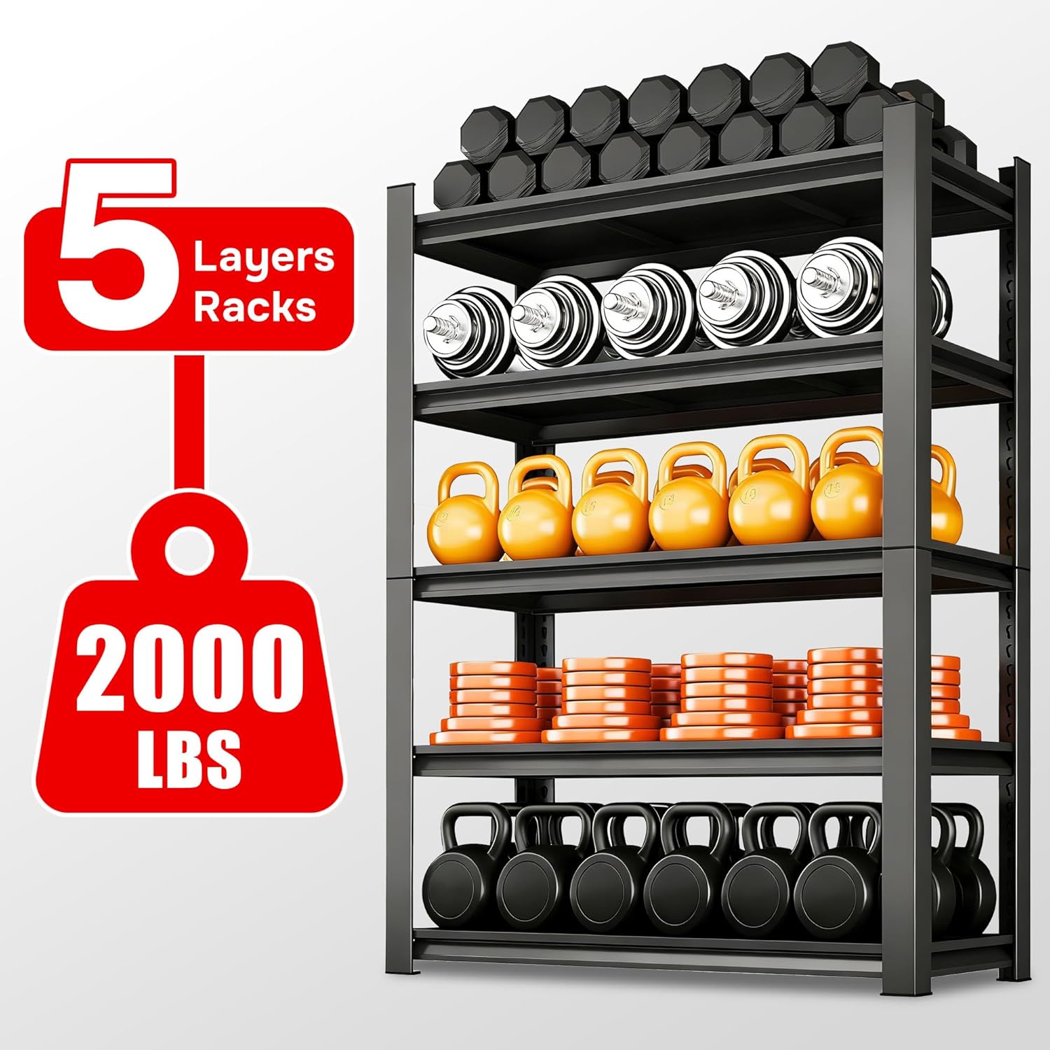 Heavy Duty Shelving 5-Tier, Garage Shelving Unit (72" H X 40" W X 18" D) Adjustable Black Metal Storage Shelves, Ideal for Garage, Basement, Pantry & Warehouse, Black, 3000LBS Capacity