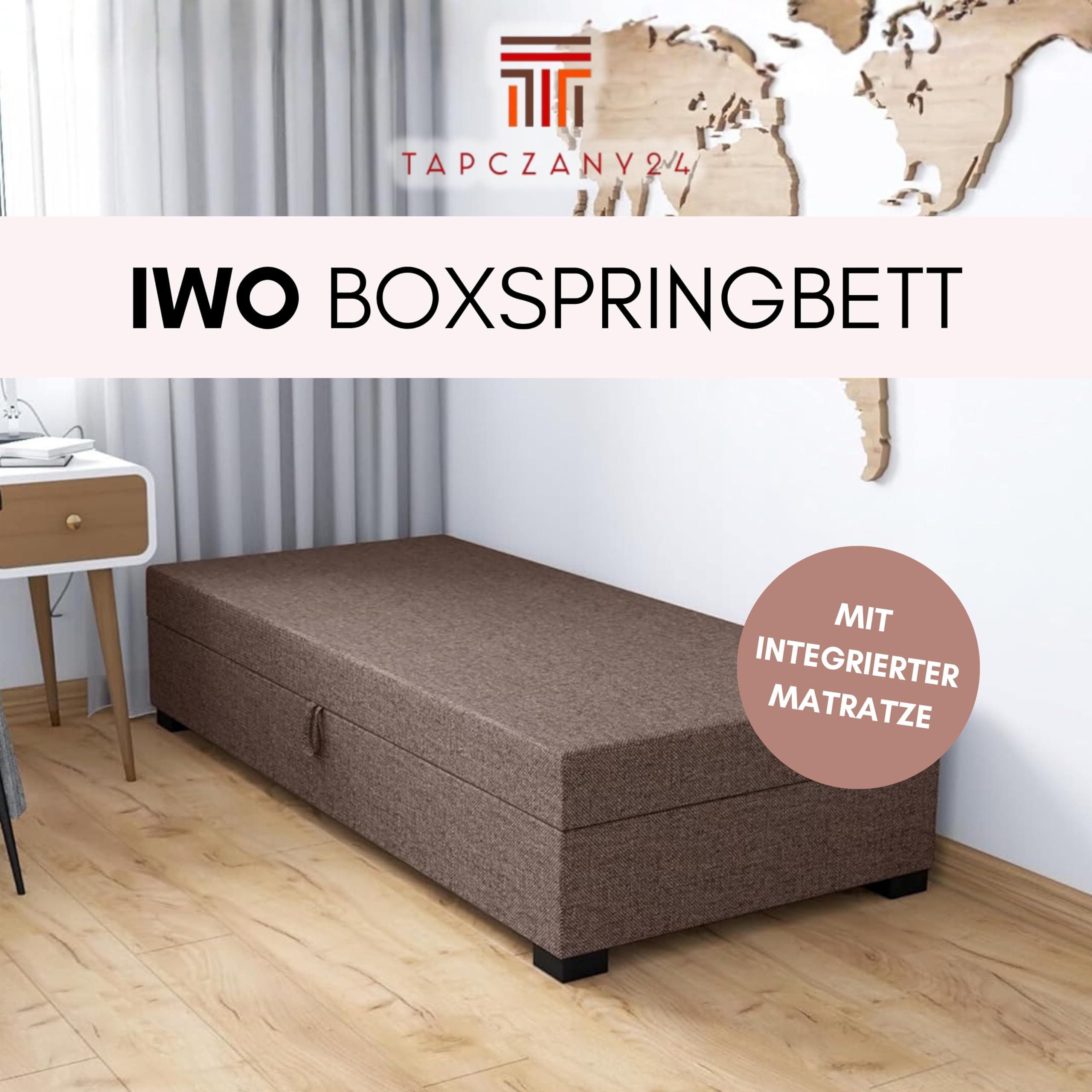 Boxspringbett Iwo 90x195x38 cm mit Schaumstoff Matratze, Bett mit Matratze, Polsterbett mit Bettkasten, Gepolstertes Einzel Bett, Schlafsofa - Schwarzweiß