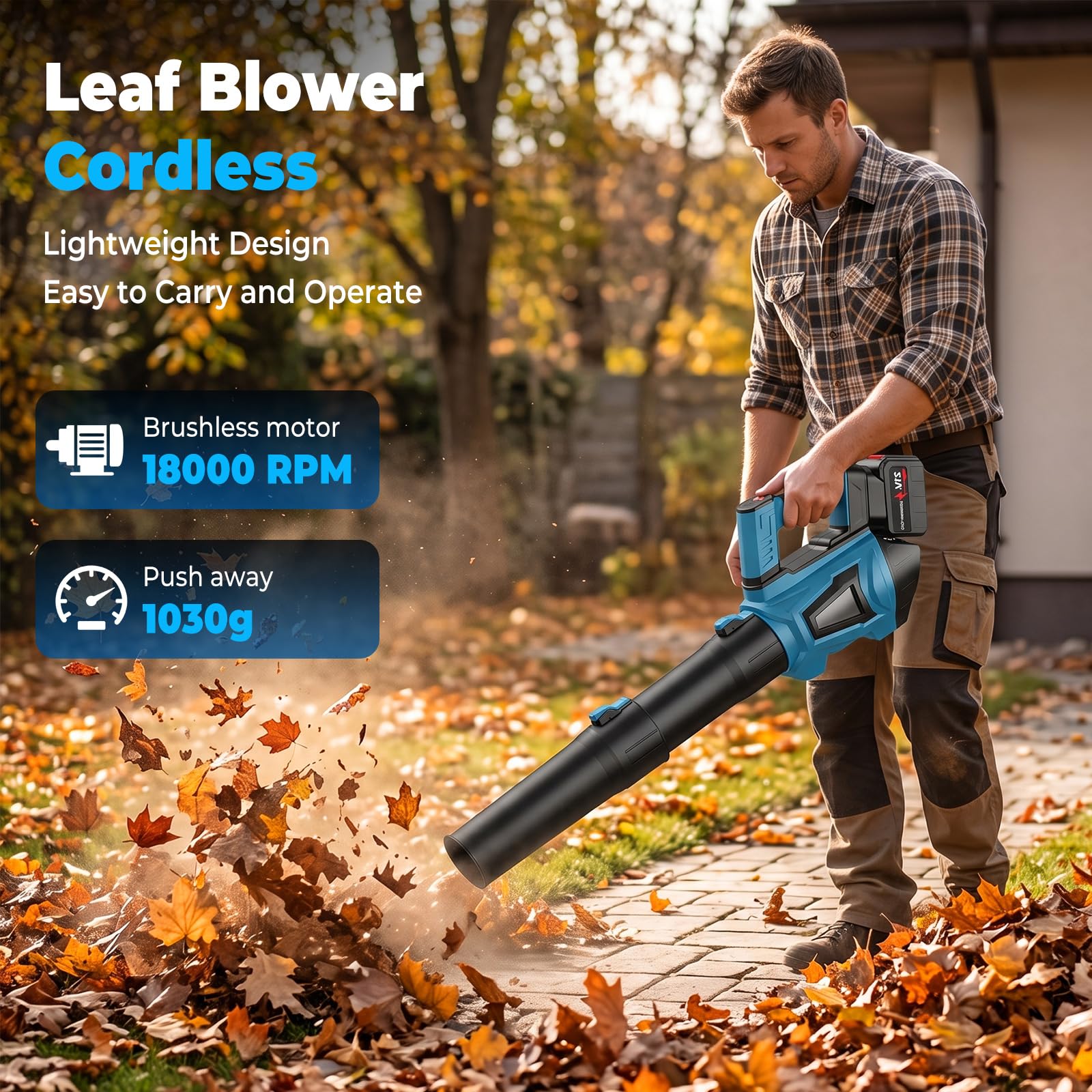 Soplador de hojas inalámbrico de 21 V con 2 baterías de 4,5 Ah y 6 velocidades (azul) | 24000 RPM Soplador de batería con correa y tubo alargado, para mantenimiento del jardín, callejón, hojas, polvo y nieve