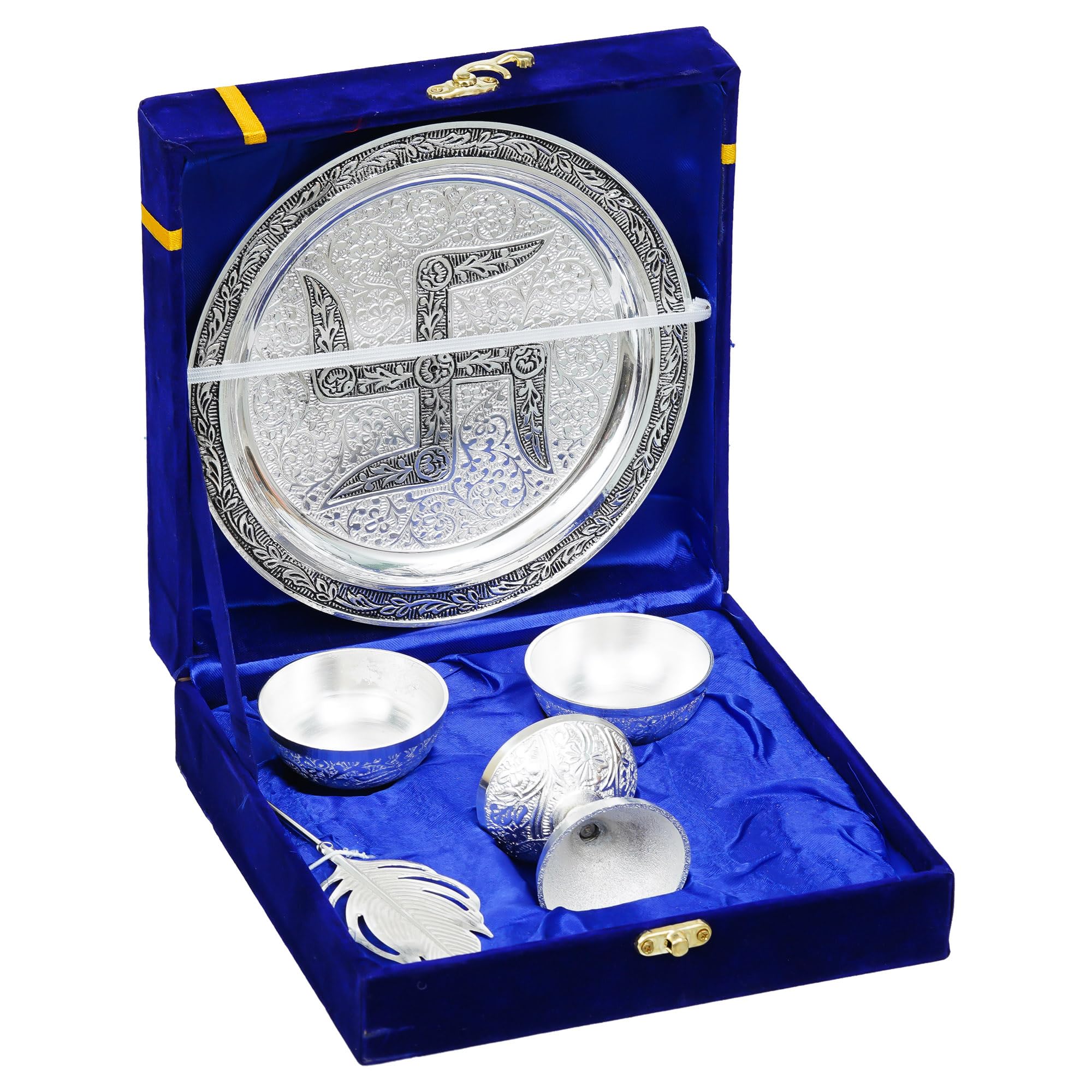 Webelkart Silver Plated Swastik Pooja Thali Set with Velvet Box for Diwali Poojan/Pooja Room/Diwali Gifting |ReturnGift,Thali Set for Puja (Silver) 1