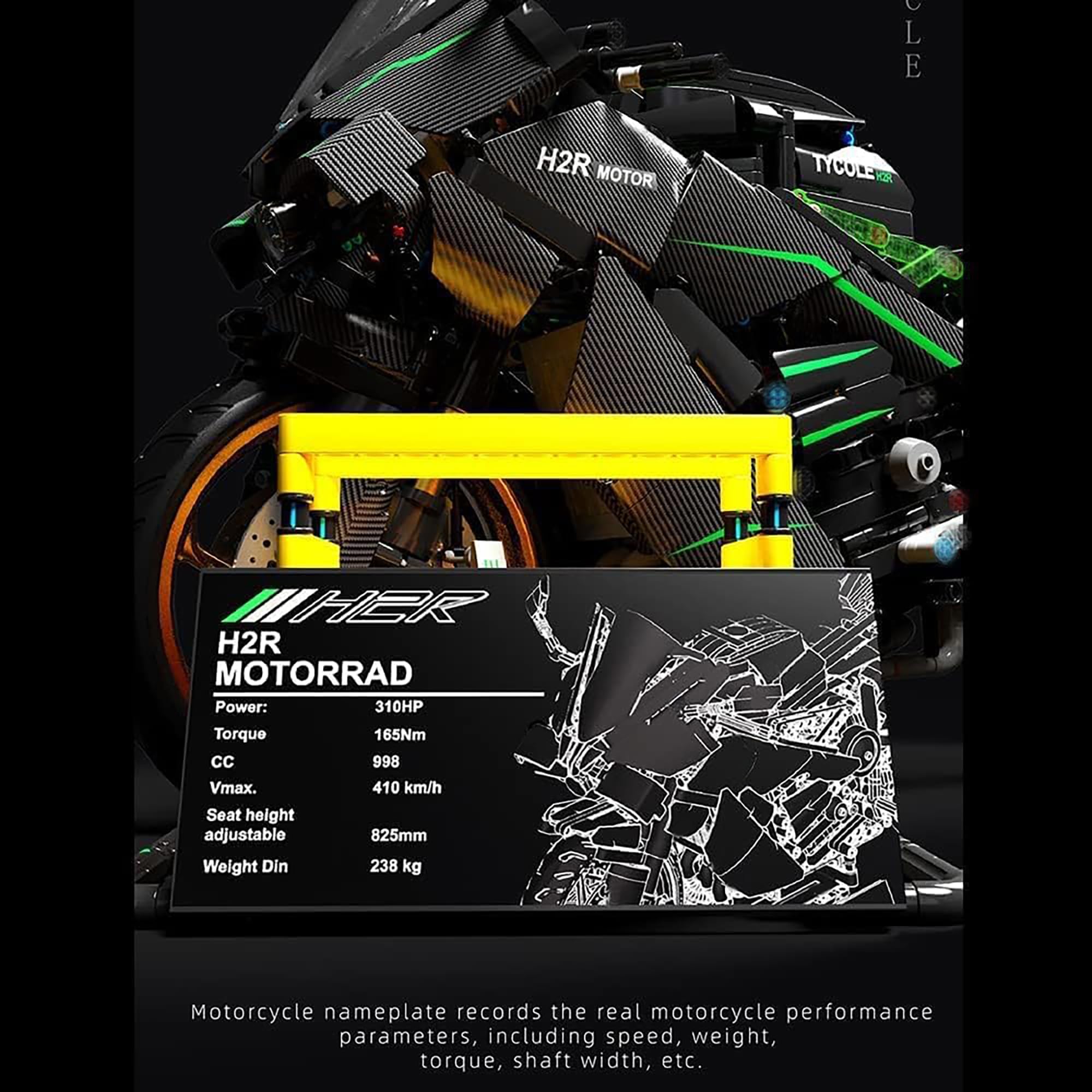 Technik Moto Blocs de Construction pour Kawasaki H2R, 1858 Pièces Moto Jeu de Construction de Véhicules, Collectionner Blocs de Construction Modèle, Cadeau de Construction pour Ados et Adultes