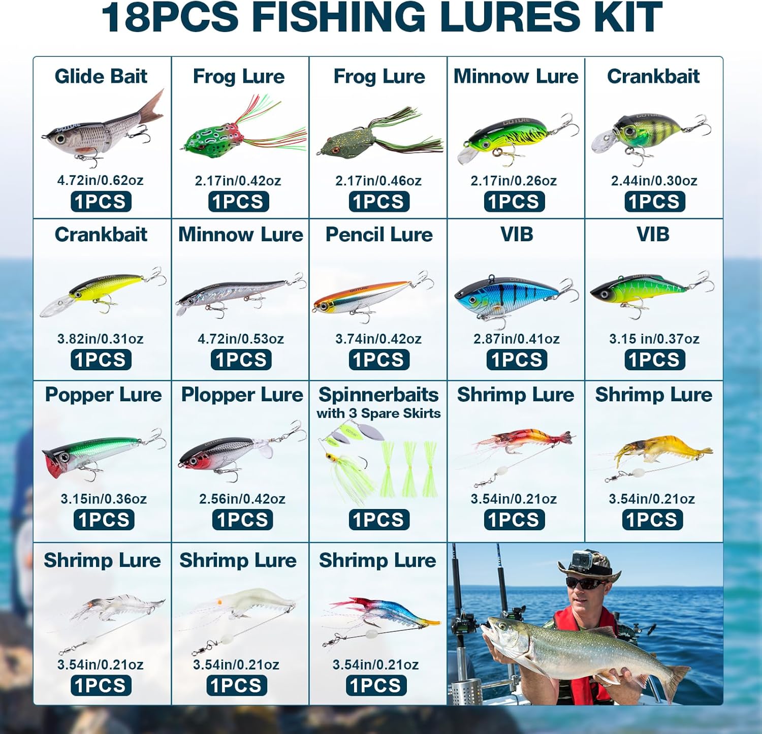 Goture Fishing Lures Kit, 18PCS Hard/Soft Bait Set with Glide Bait,Crankbaits,Minnows,Pencil Lure,Popper,Plopper,VIB,Spinnerbaits,Frog Lure,Shrimp Lures for Freshwater Saltwater Bass Trout Fishing