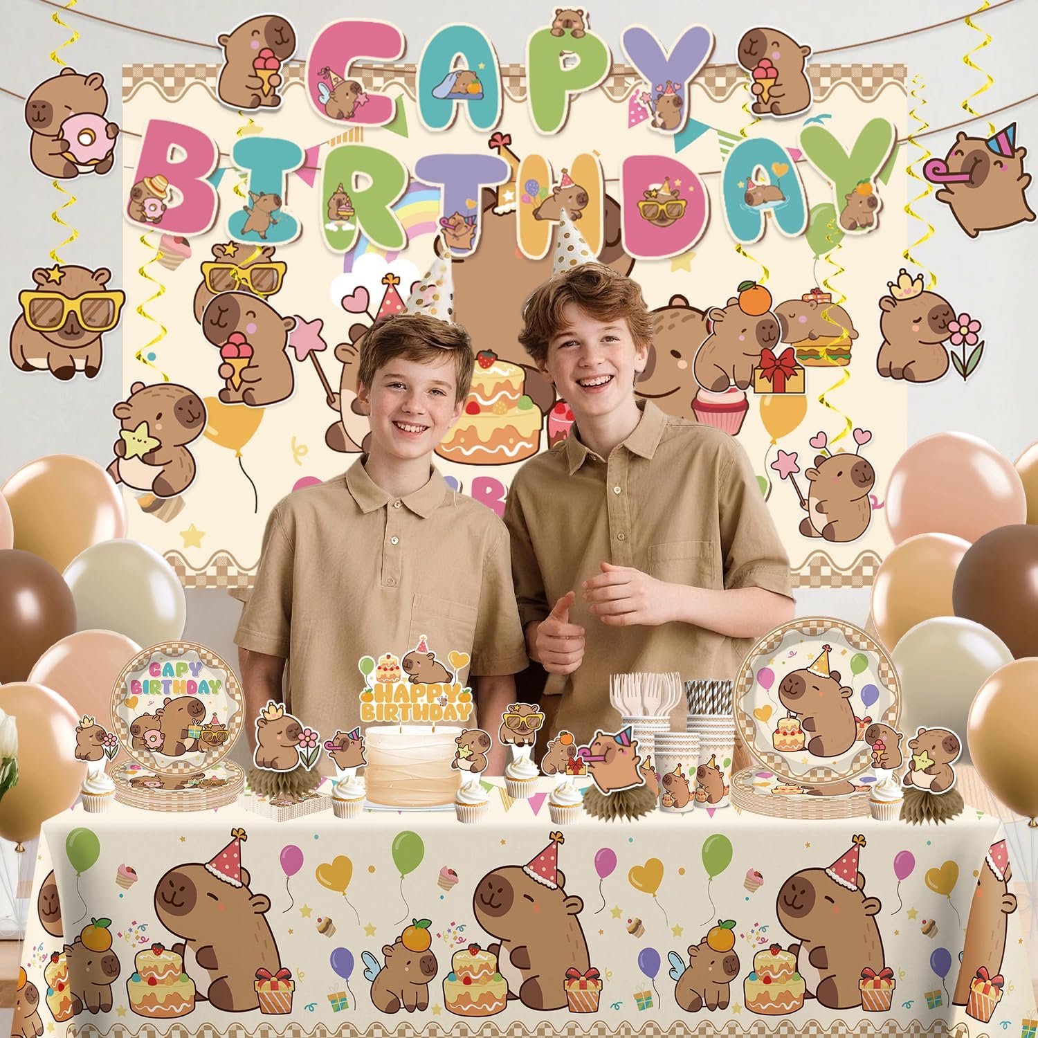 212pcs Capybara Birthday Decorations-Serves 25, All-in-one Capybara Party Decorations with 350gsm Plate, Tablecloth, Backdrop, Centerpiece, Capybara Balloons, Banner, Cake Topper, Etc