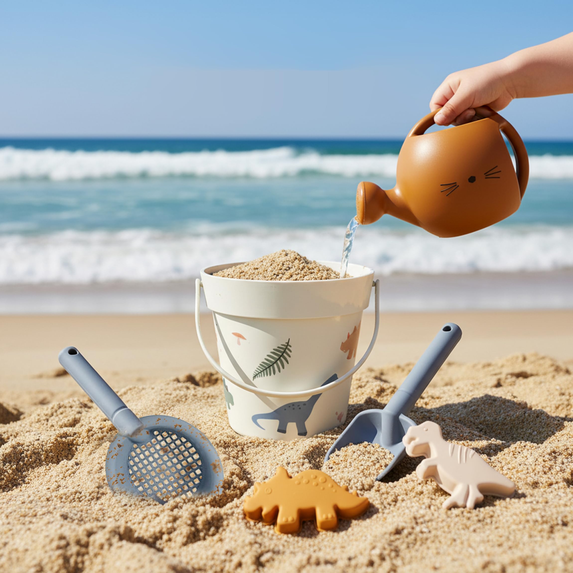 Giocattoli di Sabbia in Silicone, Set di Giocattoli da Spiaggia di Dinosauri da 9 Pezzi per Bambini, da Spiaggia per Alimenti per Bambini, Kit di Gioco con Sabbia Pieghevole, Piscina e a