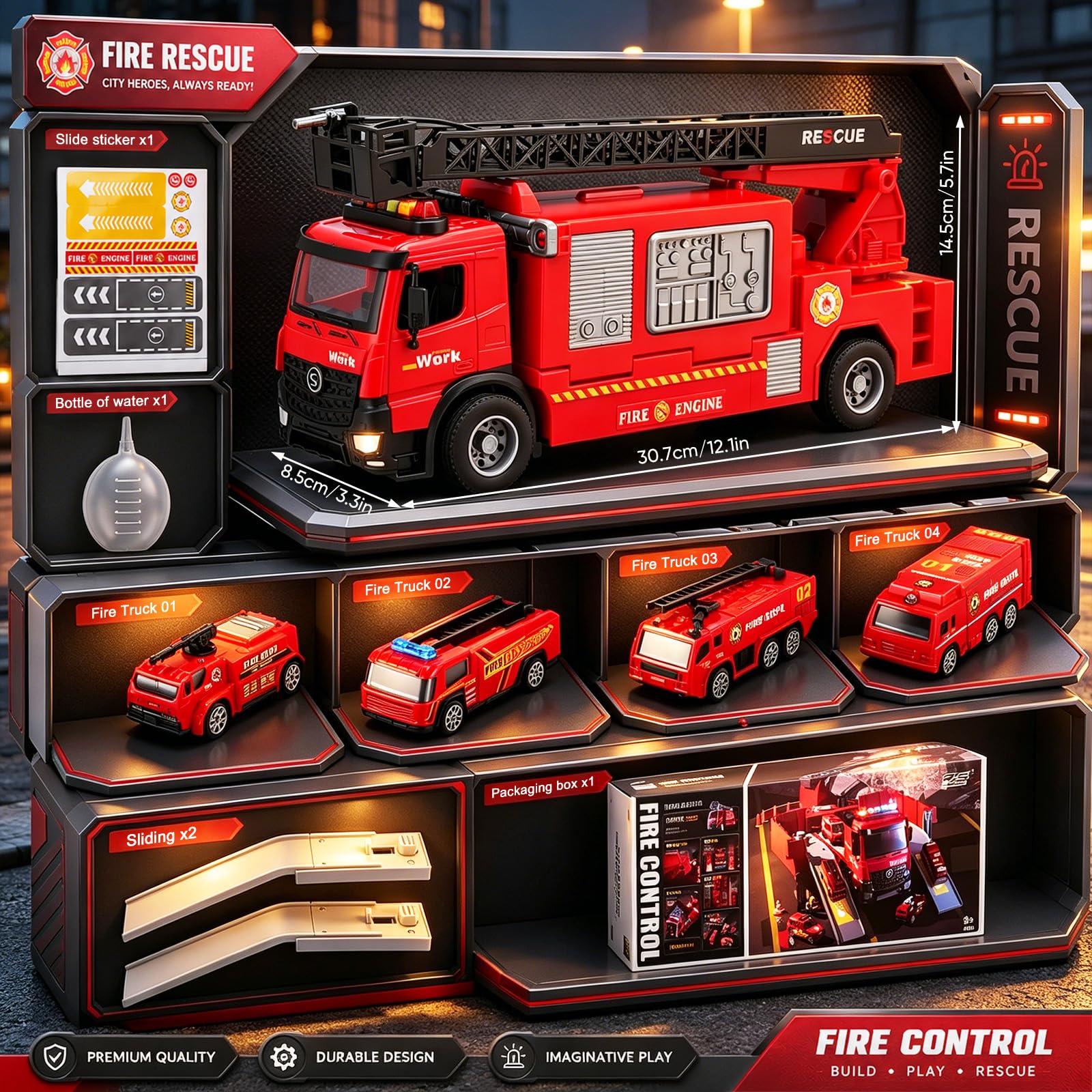 Camion Pompieri Grande, Camion Pompieri Giocattolo per Bambini da 2 3 4 Anni, Vigili del Fuoco per Bambini con Funzione Sprinkler, Pompiere Giocattolo, Luci e Suoni, Compleanno