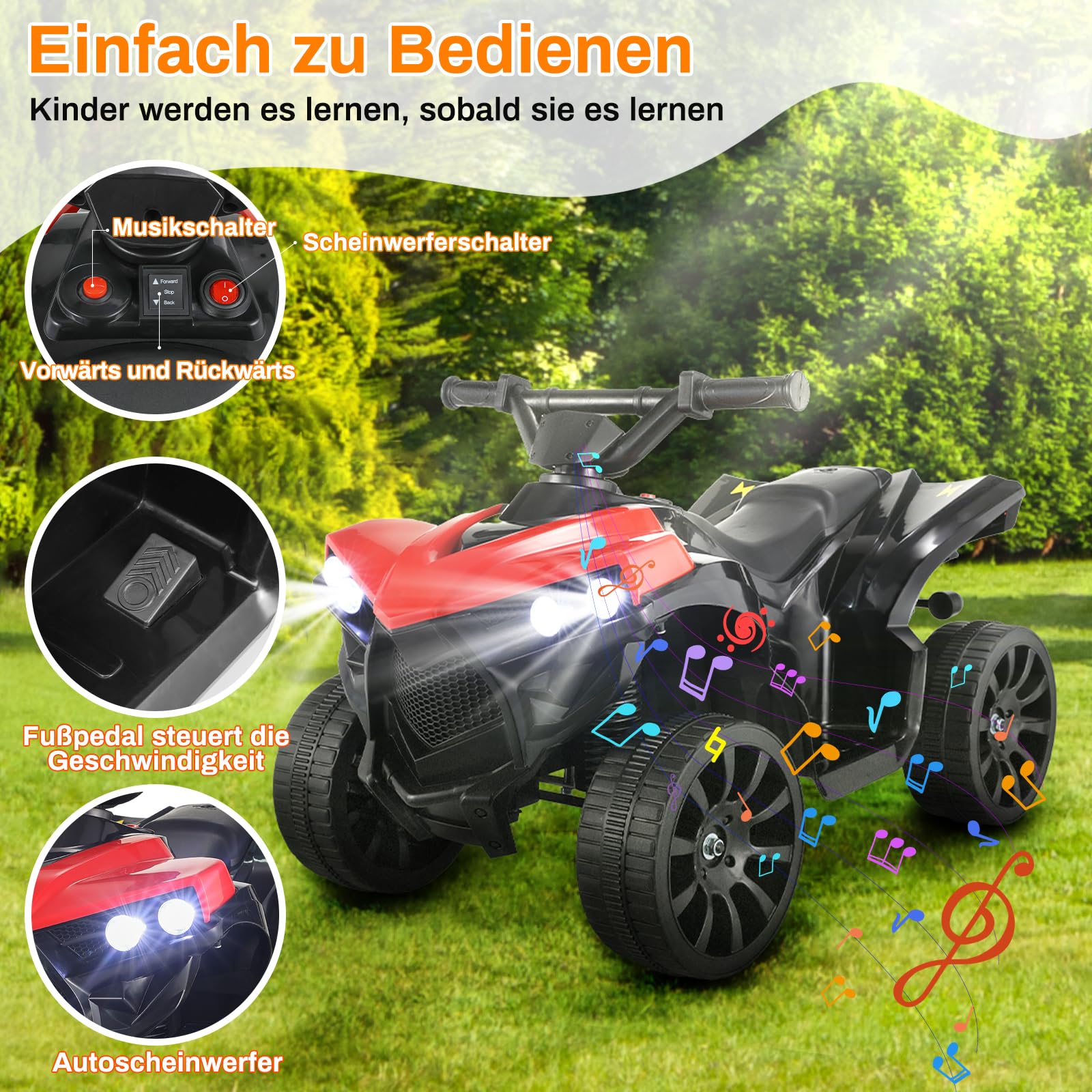 MAMIZO 6V Quad électrique Enfant, Voiture électrique Enfant 3 KM/H, 3-5 Ans | Quad Moto Électrique, avec MP3, Trompette & LED Phare, Fonction marche avant/arrière, 4 roues, Rouge