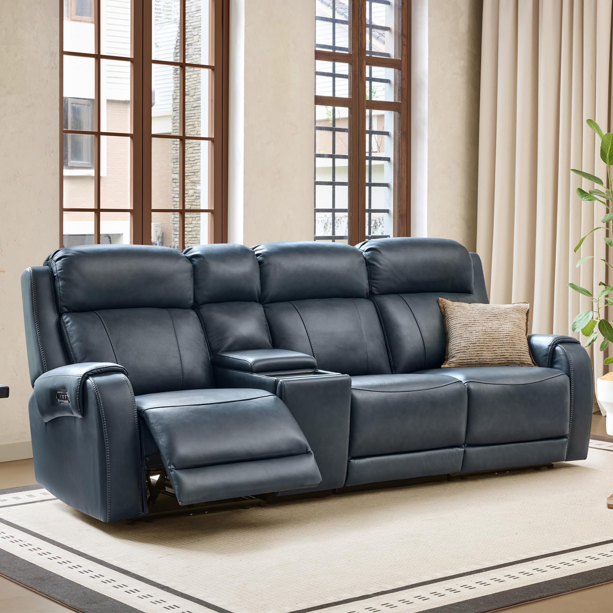 CHITA Genuine Leather Power Recliner Sofa, 3 Seater with Console, Navy