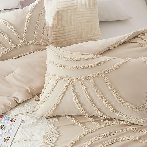 Miniatura 4 de ENJOHOS Juego de edredón tamaño California King, juego de edredón beige tamaño King, edredón bohemio de 3 piezas con arco iris copetudo para todas