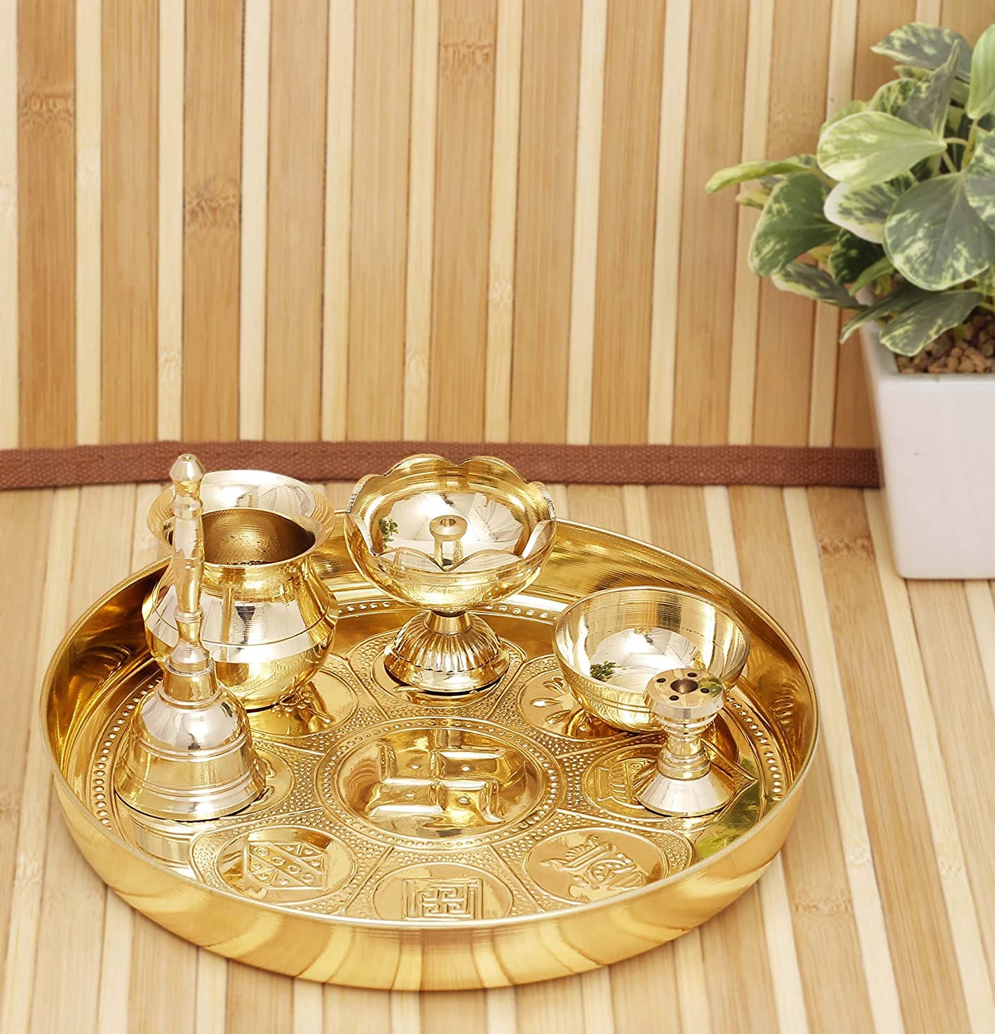 MH CREATIONS Pure Brass Special Puja Thali Set of 6 Items