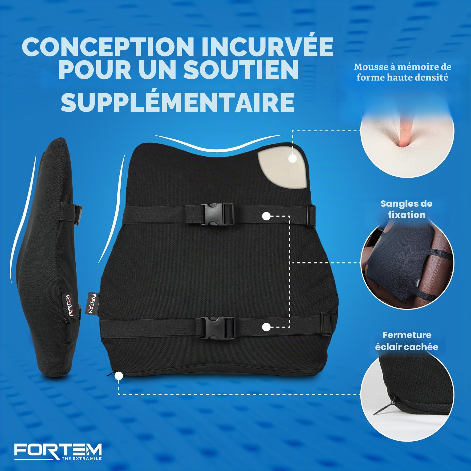 FORTEM Coussin de Siège Auto avec Soutien Dorsal, Mousse à Mémoire de Forme, Confort pour la Conduite, Base Antidérapante, Sangles Réglables, Housse Lavable
