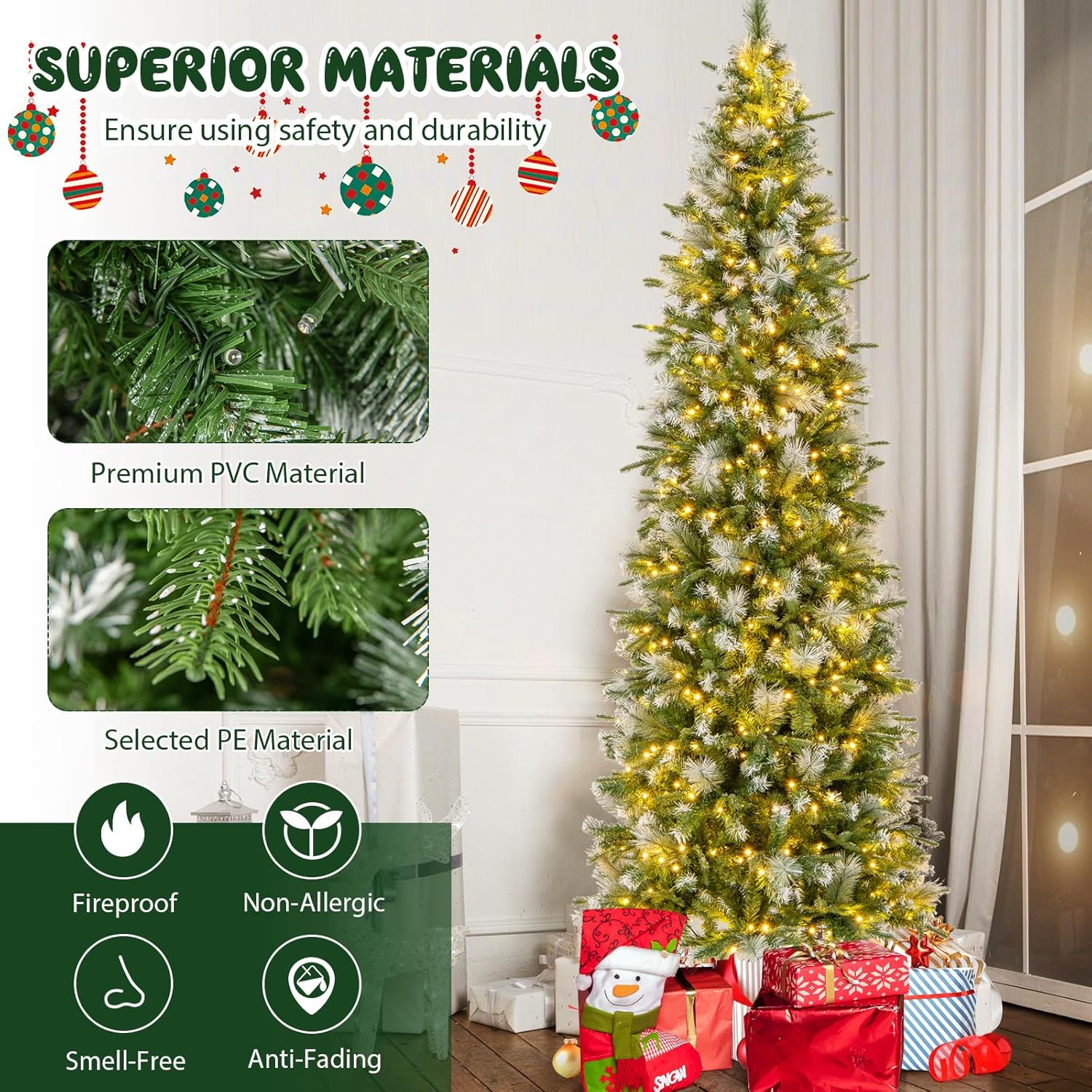 DORTALA Pre-Lit Pencil Christmas Tree 9 FT, Snow Flocked Slim Artificial Xmas Tree with 1228 Branch Tips, 470 Warm White LED Lights & Metal Stand, Decoration Tree for Home, Shop, Office