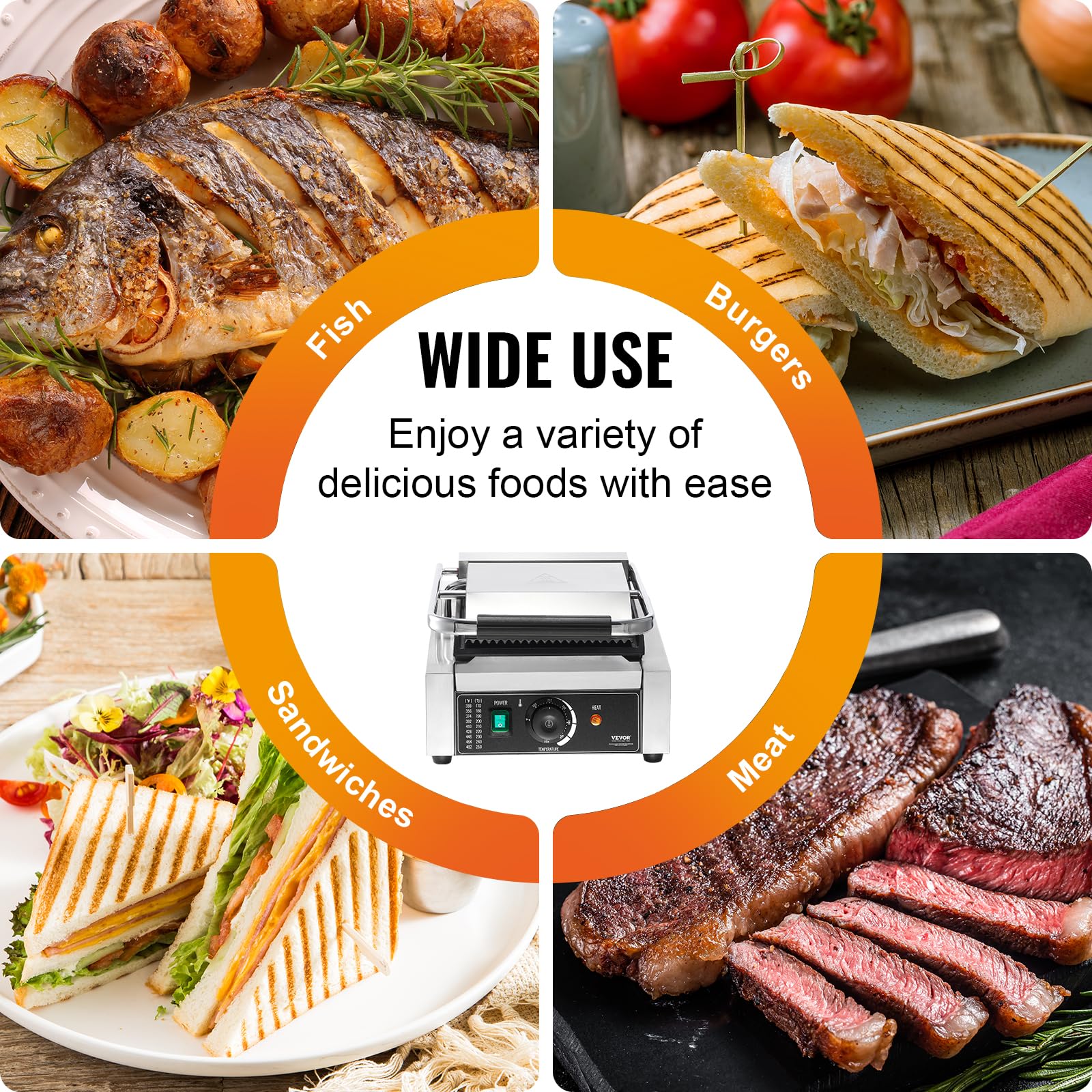 VEVOR Parrilla Comercial Eléctrica para Panini para Hacer Sándwiches y Panini, Acero Inoxidable, con Control de Temperatura y Placa Plana Esmaltada, para Hamburguesas y Tocino, 310 x 410 x 215 mm