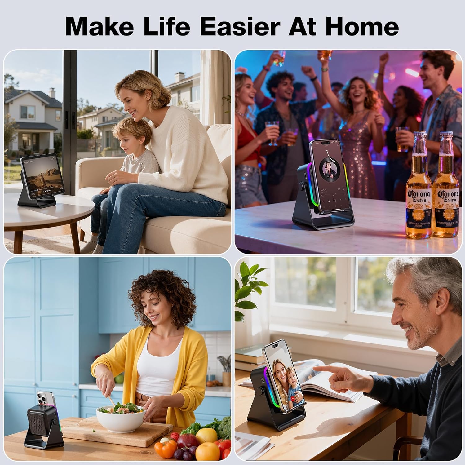 Wireless Induction Portable Bluetooth Speaker - 5 in1 Bluetooth Speaker Phone Stand with Colorful Ambient Light 360° Rotation Compatible with Most Phones - Unique Birthday Gift for Men Women Adults - Image 8