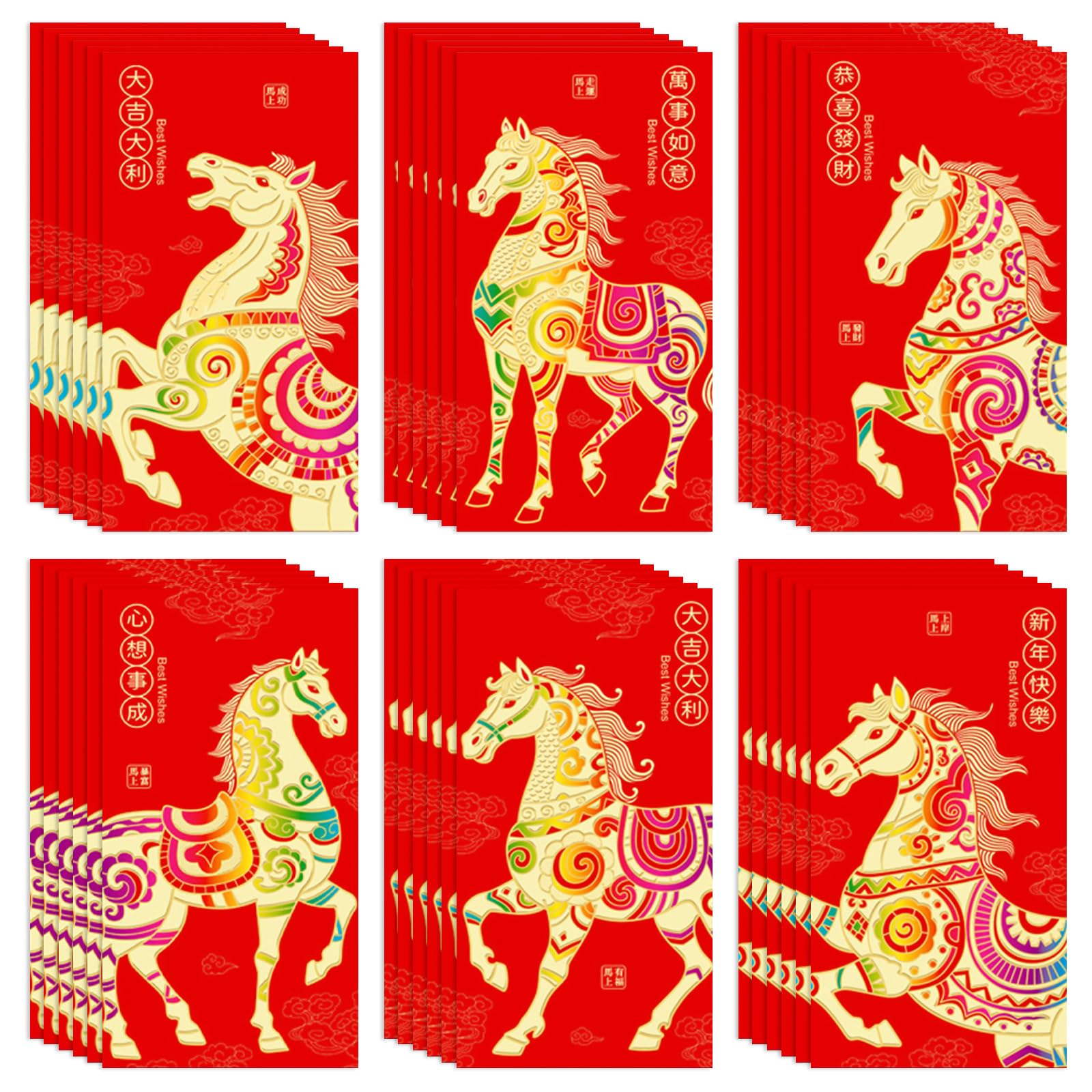 36 Pcs Chinese New Year Red Envelopes, Red Packets Lunar Year of The Horse 2026, Embossed Bronzing Foil Money Envelopes for Cash Gifts New Year Decorations 6 Patterns (B)